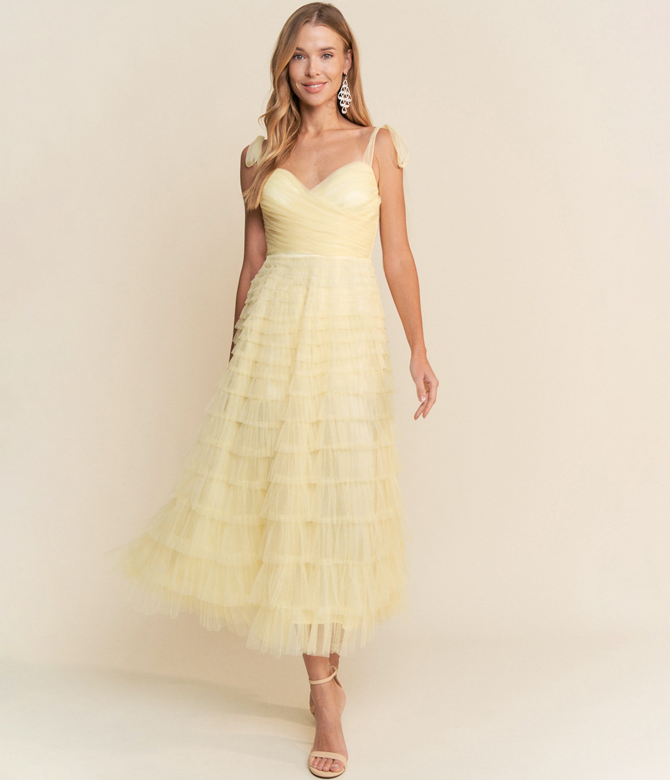 Yellow Tulle Tiered Midi Dress