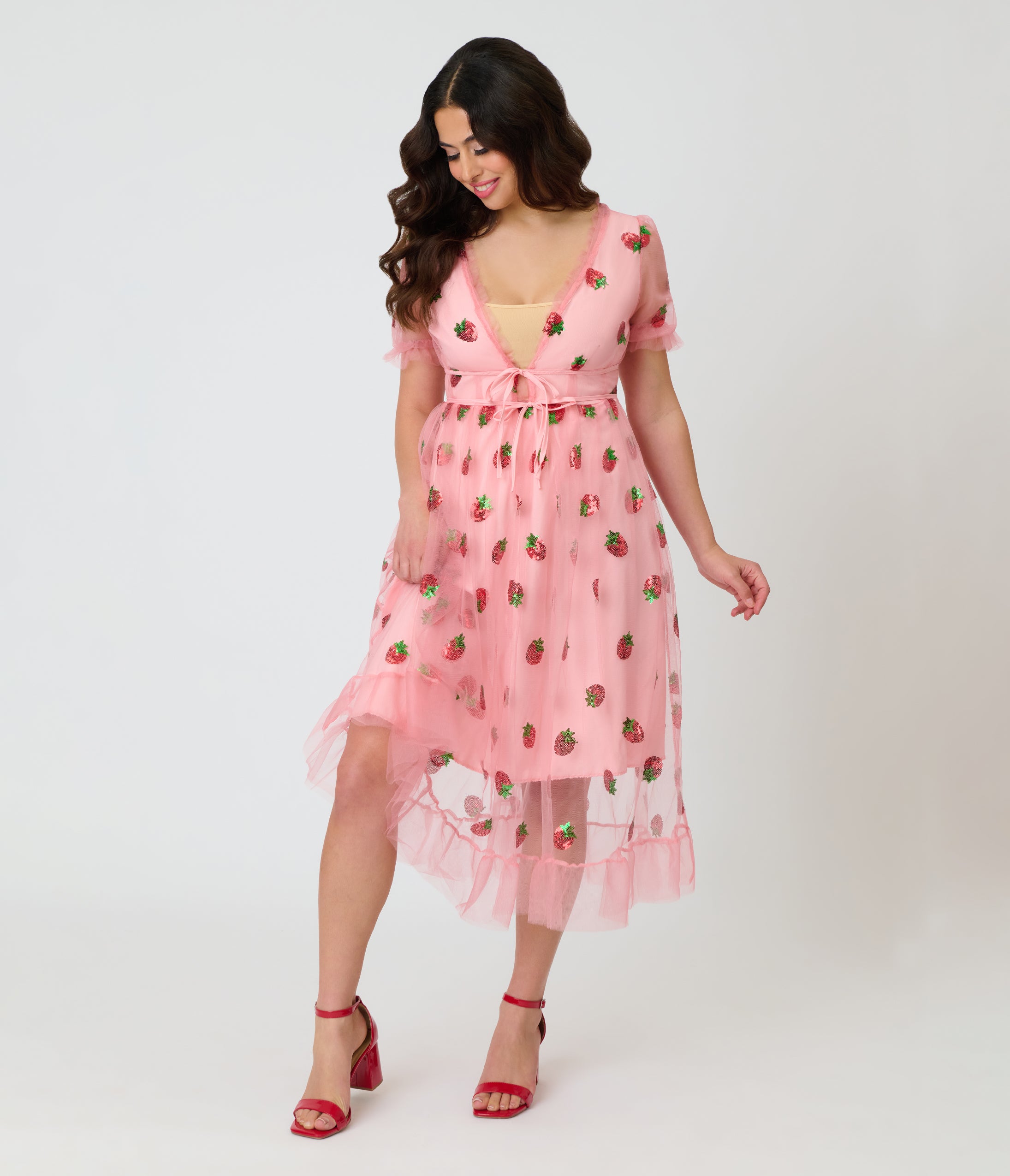 Pink Strawberry Sequin Mesh Midi Dress - Large