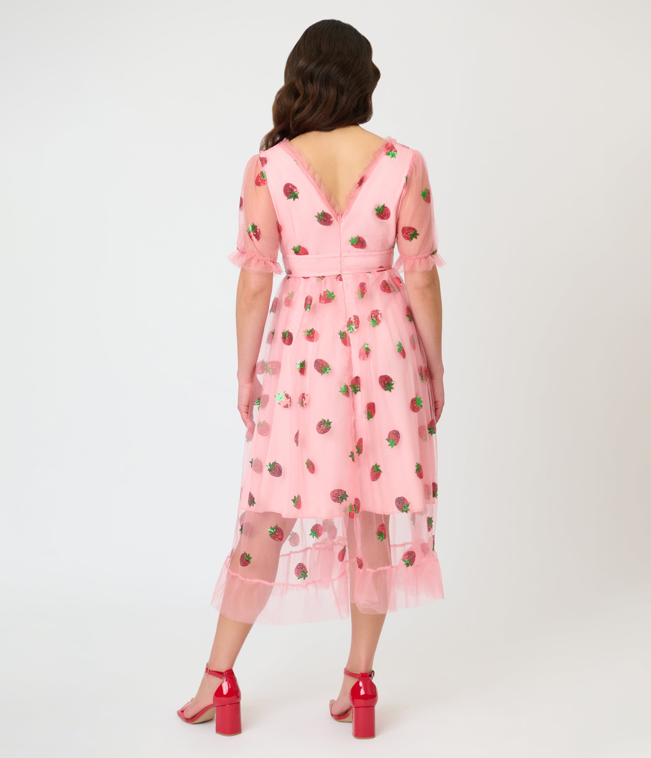 Pink Strawberry Sequin Mesh Midi Dress Unique Vintage Pink Strawberry Sequin Mesh Midi Dress Unique Vintage