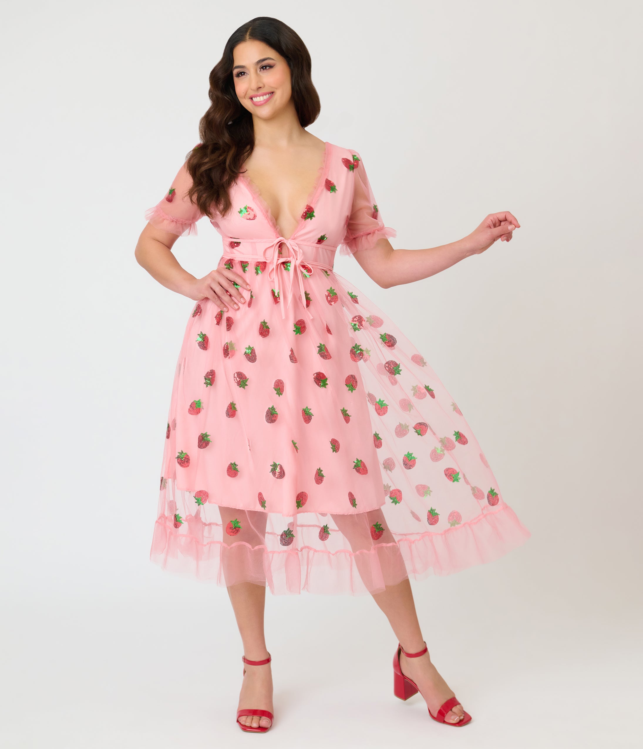pink polka dot mesh dress Pink Dot Mesh Tier Midi Dress self-portrait-US