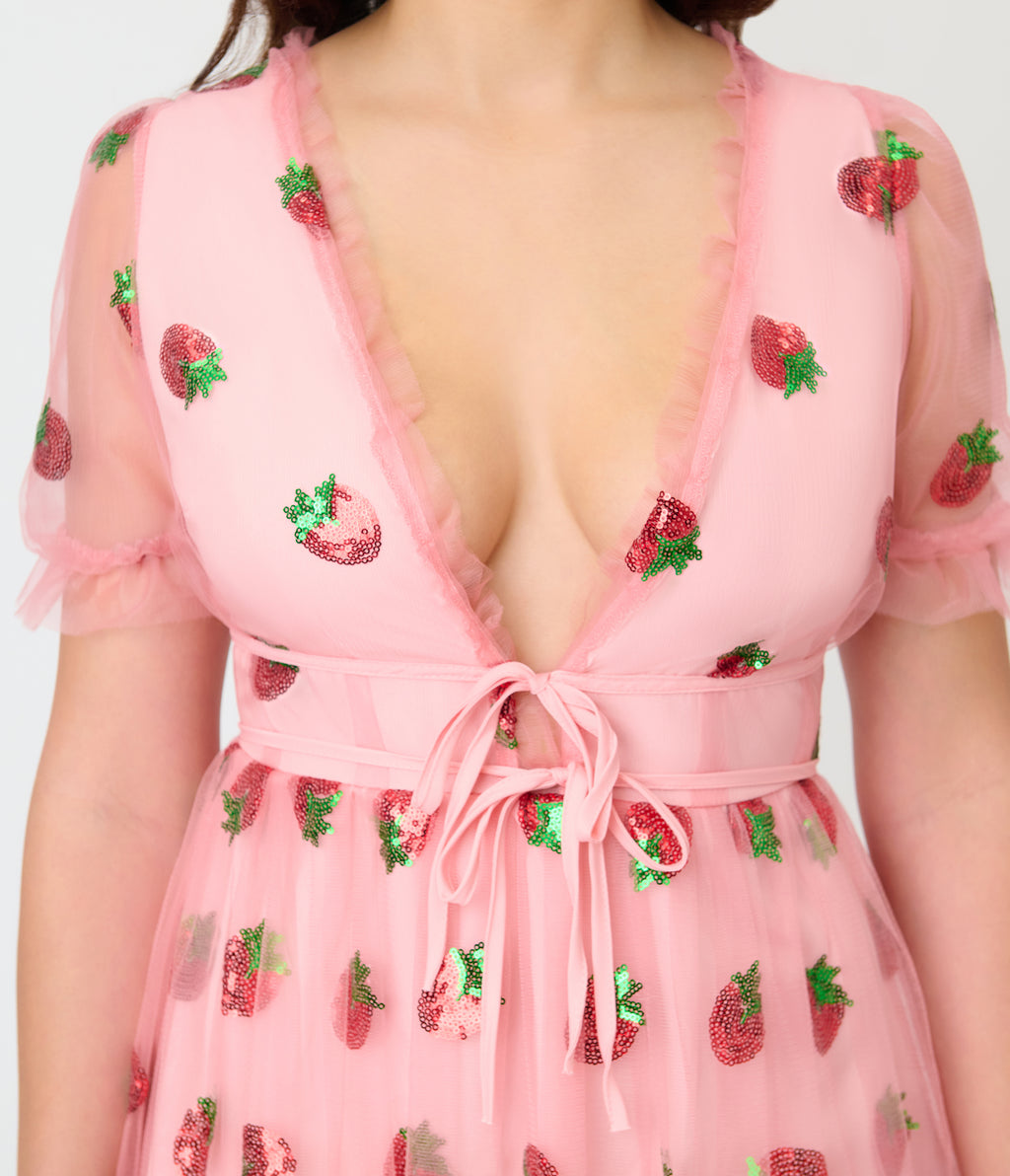 Pink Strawberry Sequin Mesh Midi Dress - Large - Unique Vintage Pink Strawberry Sequin Mesh Midi Dress - Large - Unique Vintage