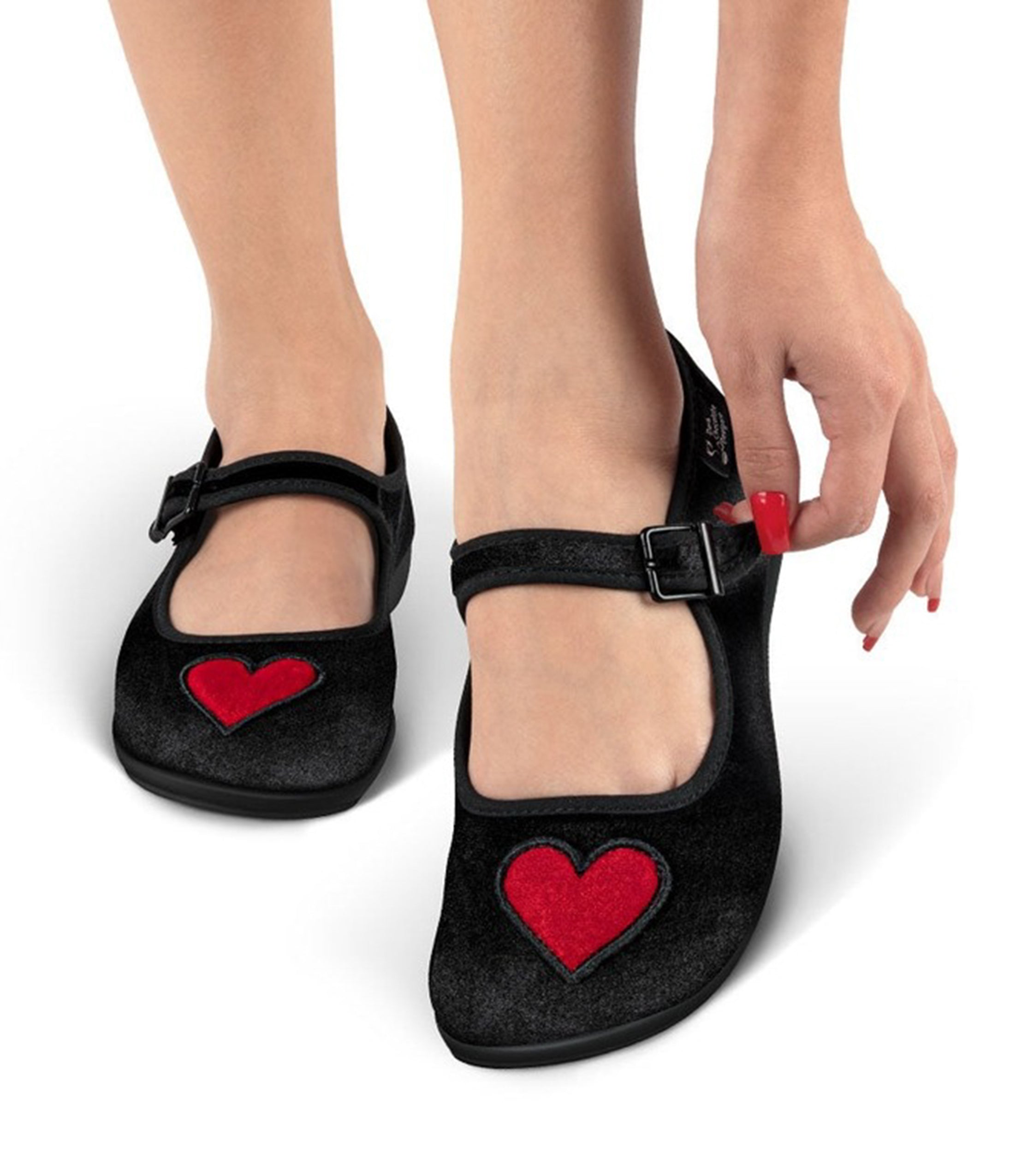 Chocolaticas® Black & Red Heart Velvet Mary Jane Flats