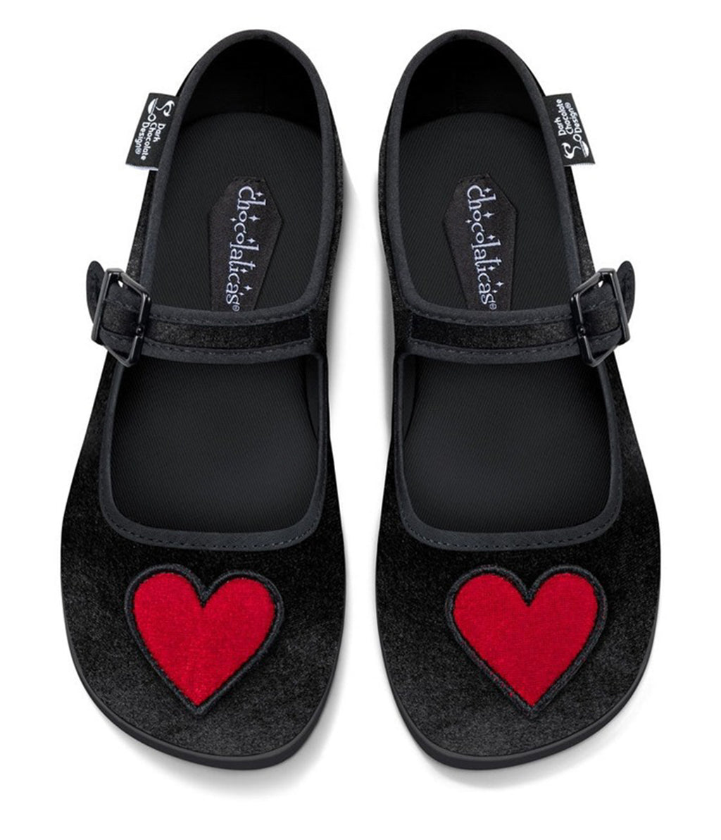 Chocolaticas® Black & Red Heart Velvet Mary Jane Flats