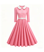 Pink & White Collared Three Quarter Sleeve Swing Dress