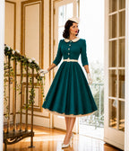 Teal & White Collared Three Quarter Sleeve Swing Dress