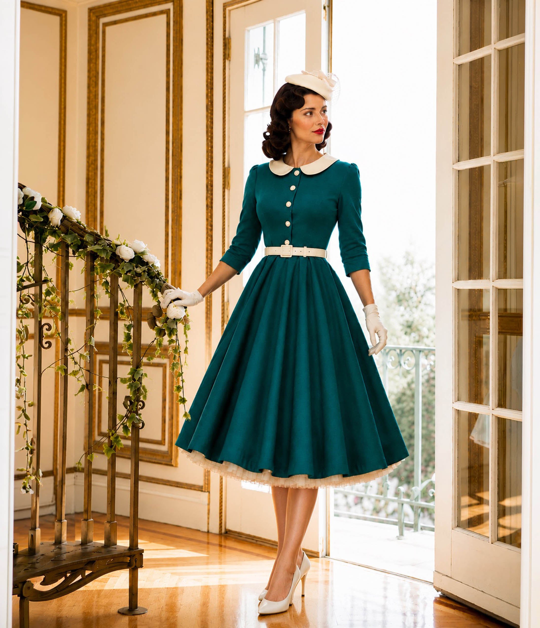Teal & White Collared Three Quarter Sleeve Swing Dress