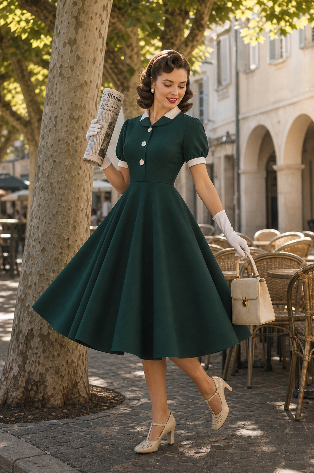 Green & White Contrast Collared Shirt Swing Dress