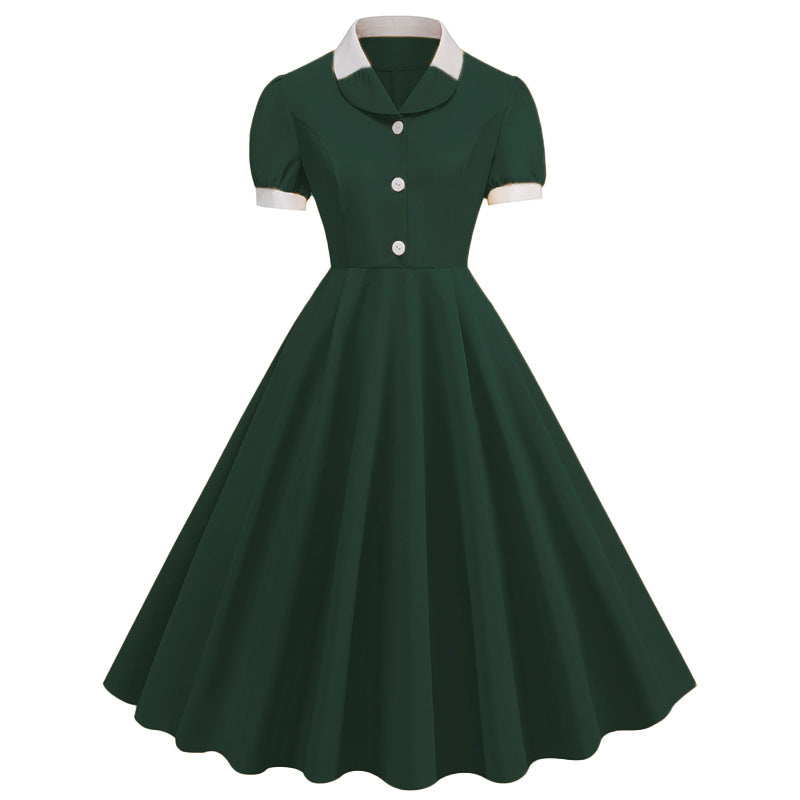 Green & White Contrast Collared Shirt Swing Dress
