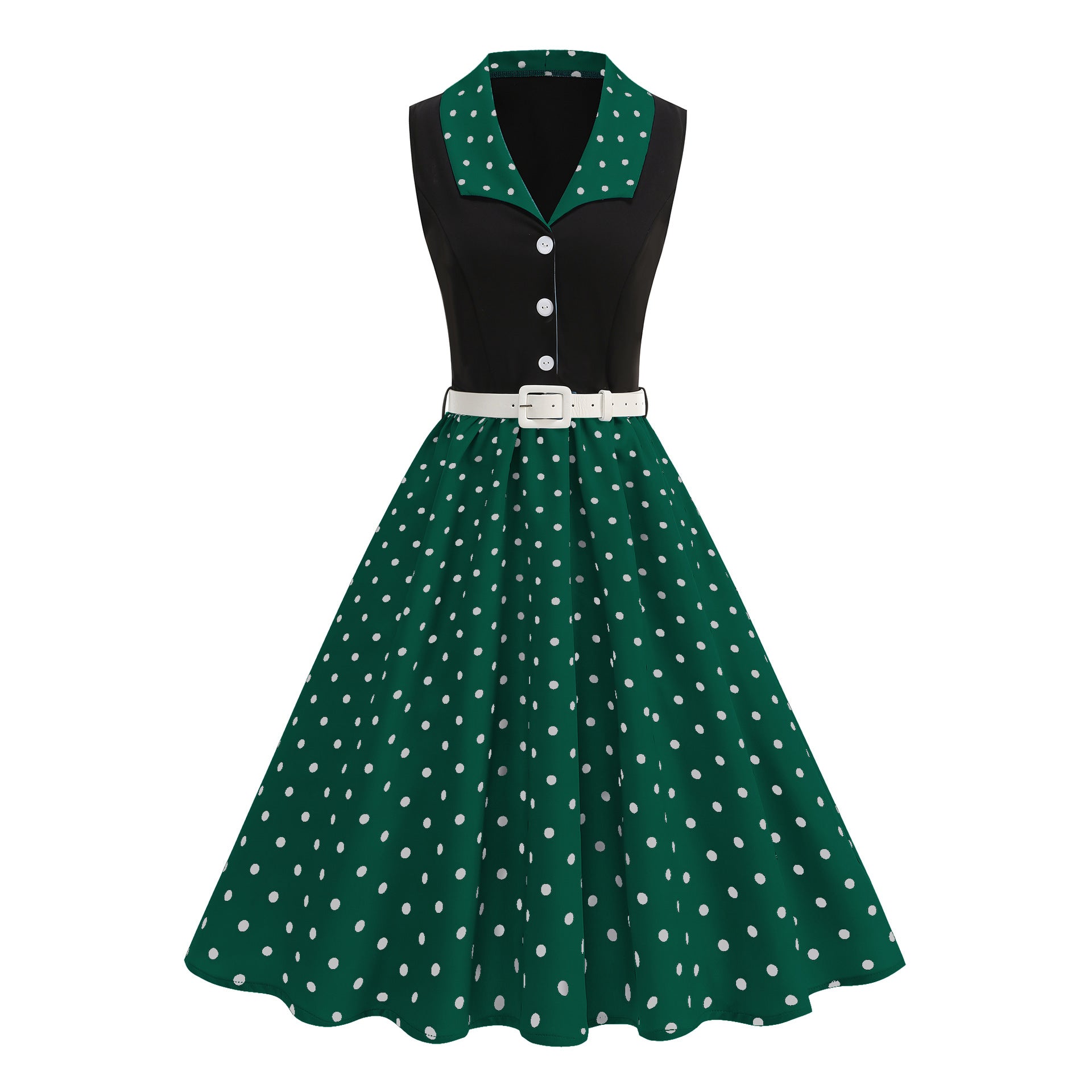 Navy & Green Polka Dot Belted Swing Dress