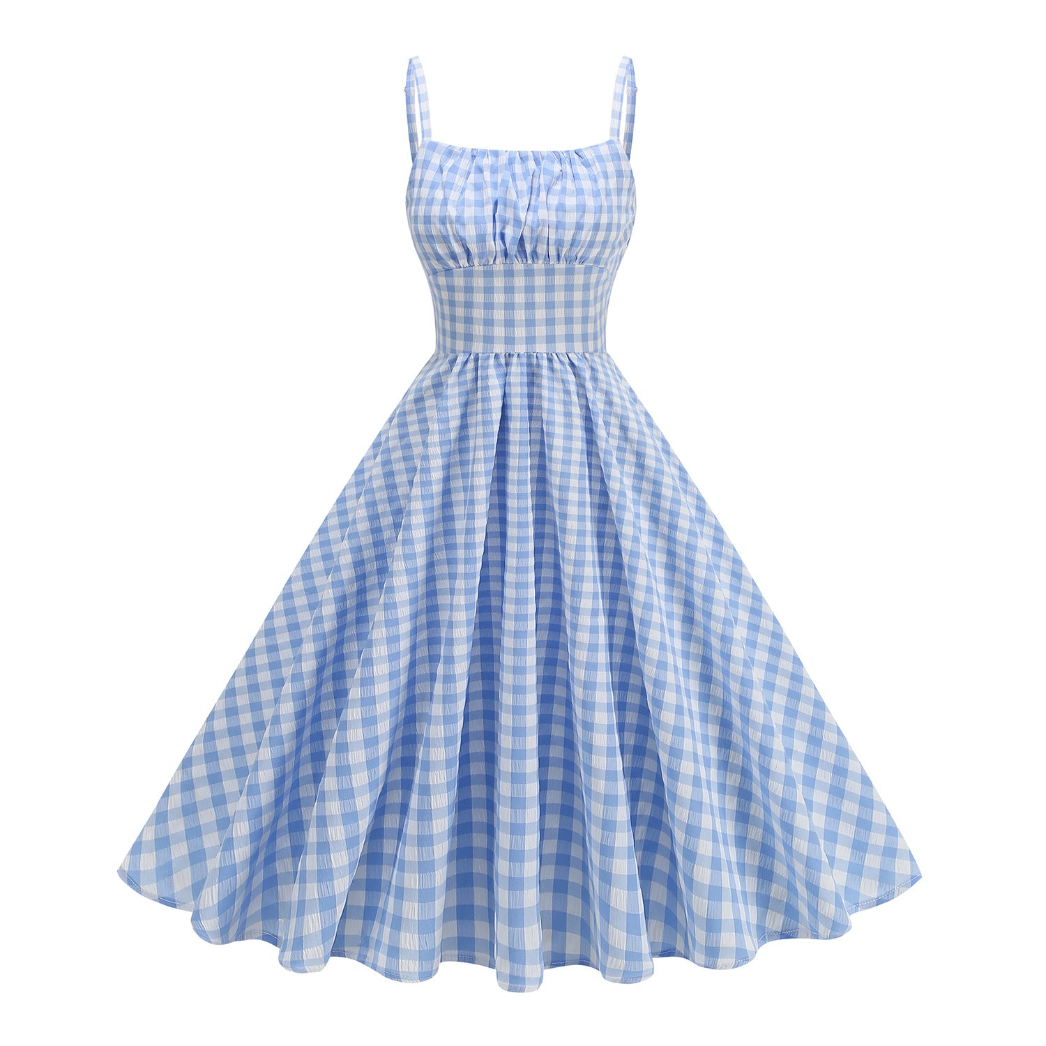 Blue Gingham Spaghetti Strap Swing Dress