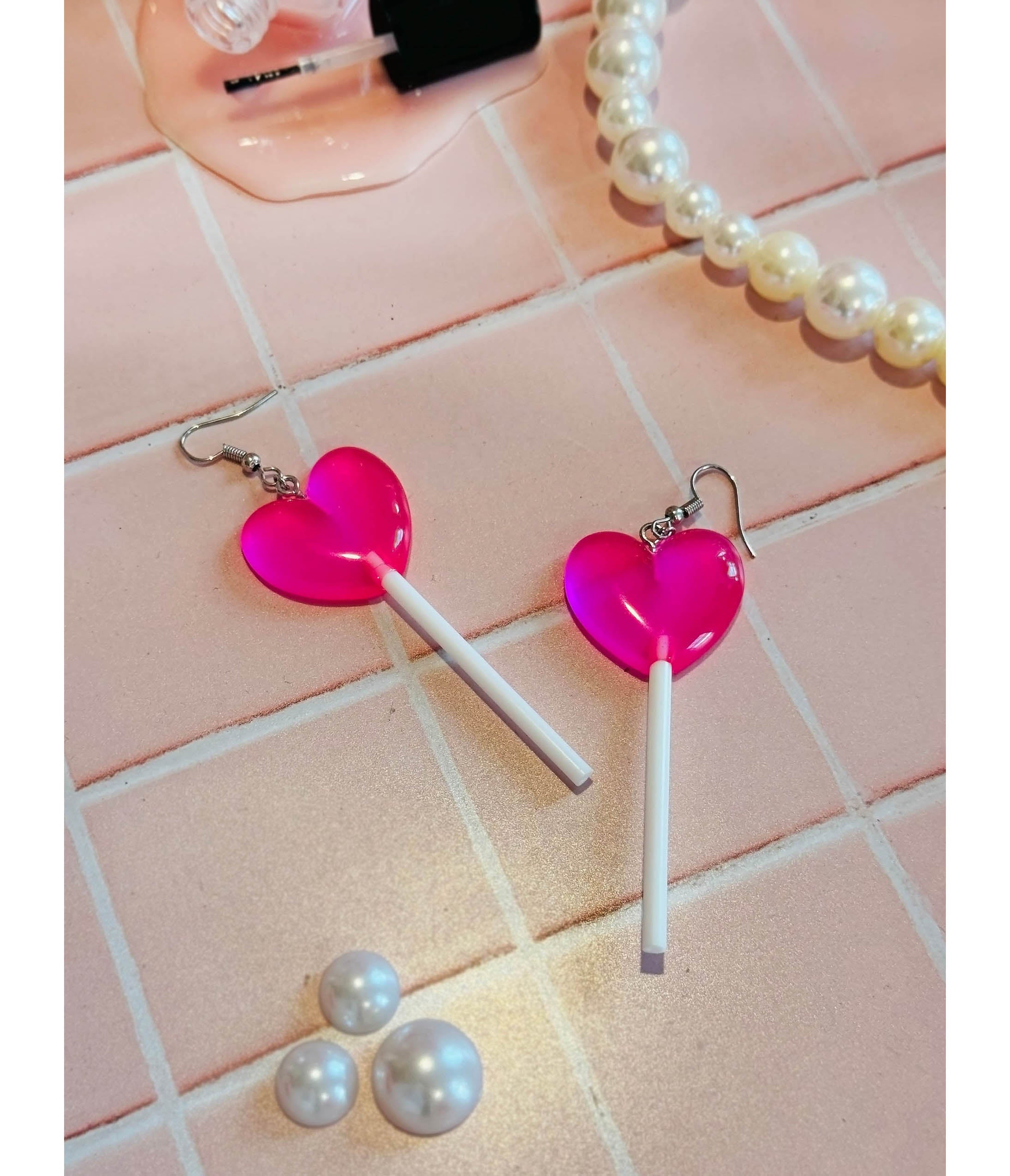 Pink Heart Lolli Earrings