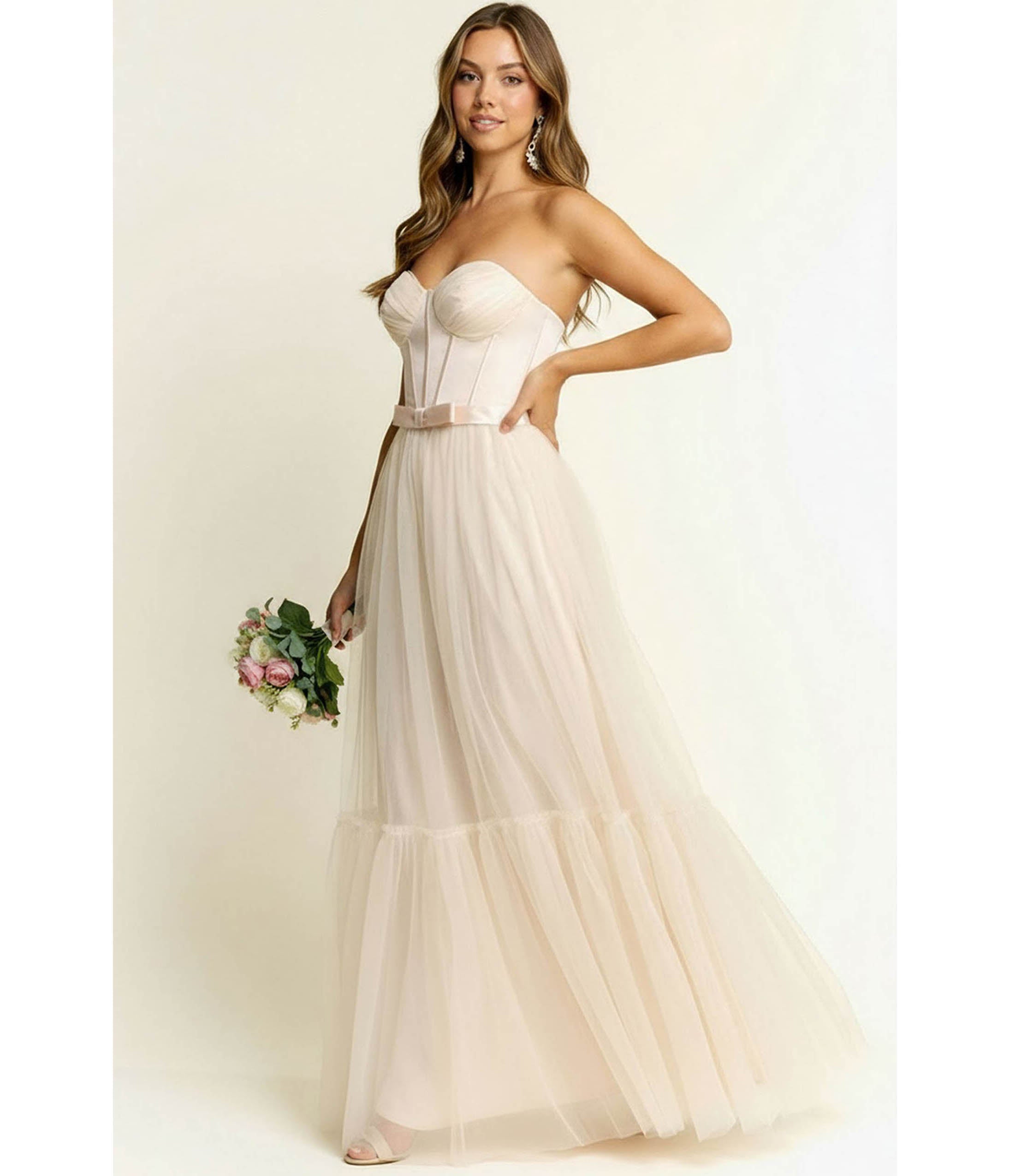 Cream Sweetheart Corset Tulle Maxi Dress