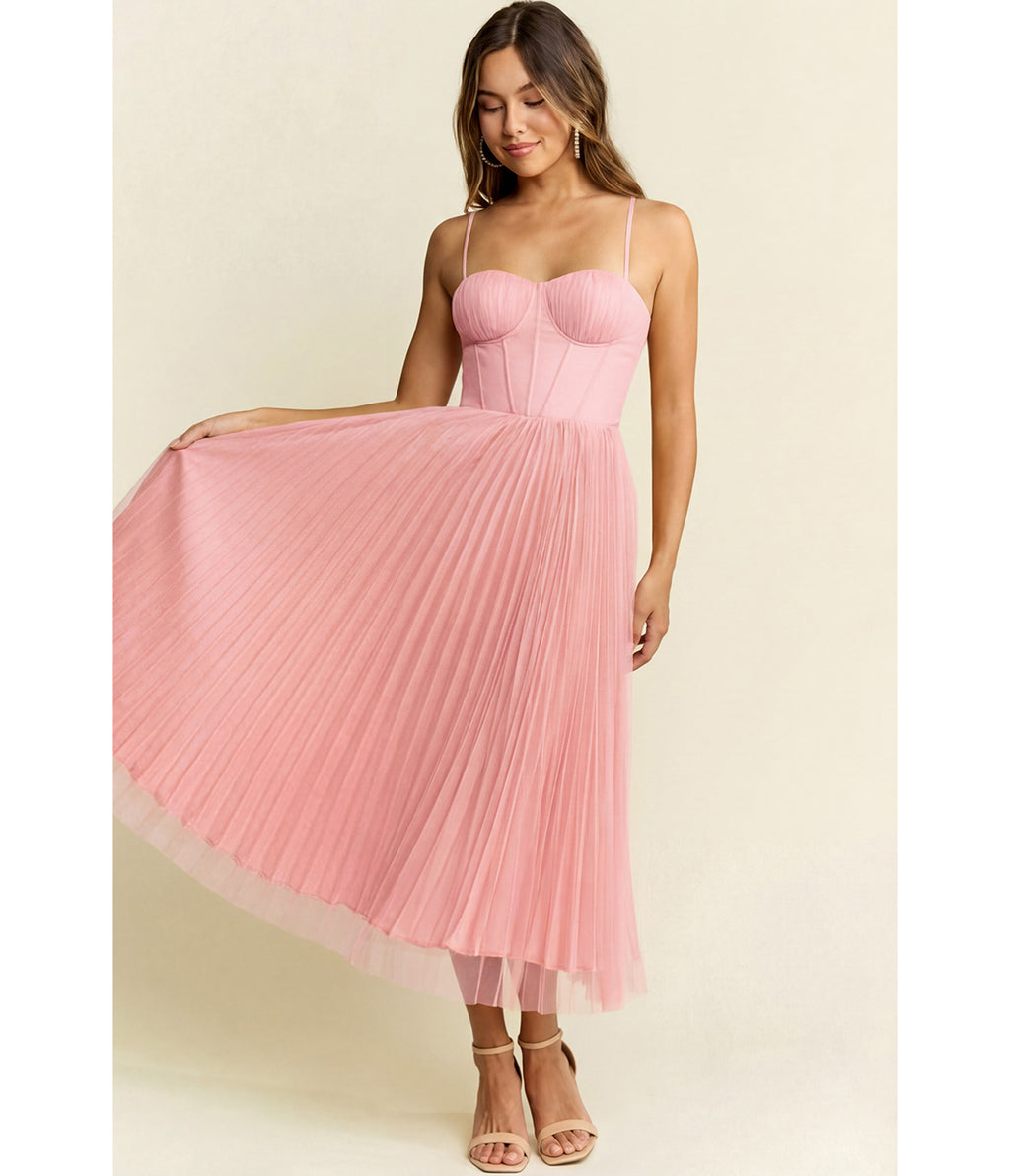 Light Pink Pleated Tulle Midi Dress