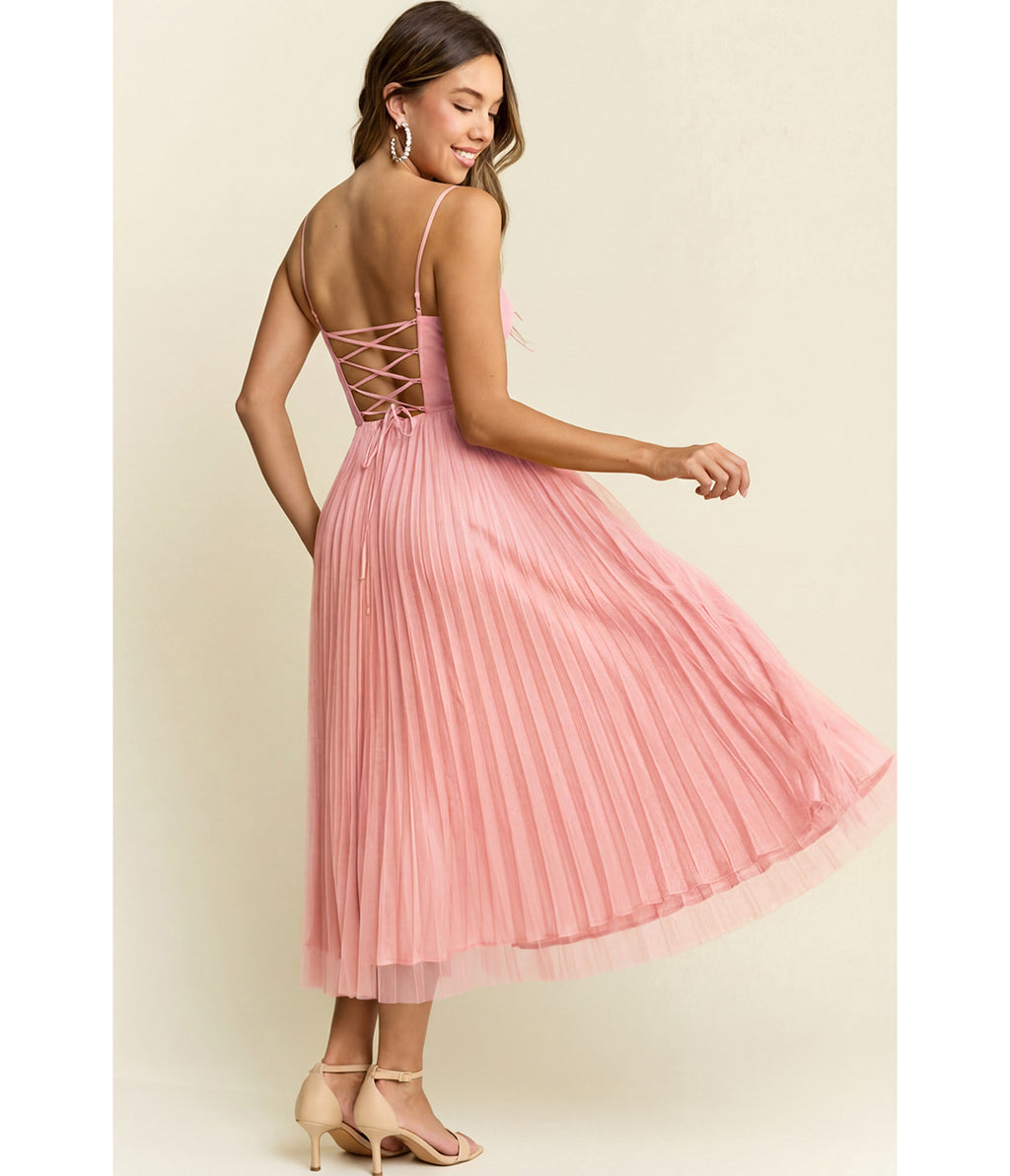 Light Pink Pleated Tulle Midi Dress