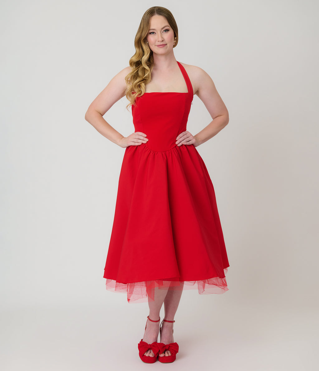 red fit and flare dress Goddiva Corset Halter Neck Midi The fit Red Halter Flare Midi Dress