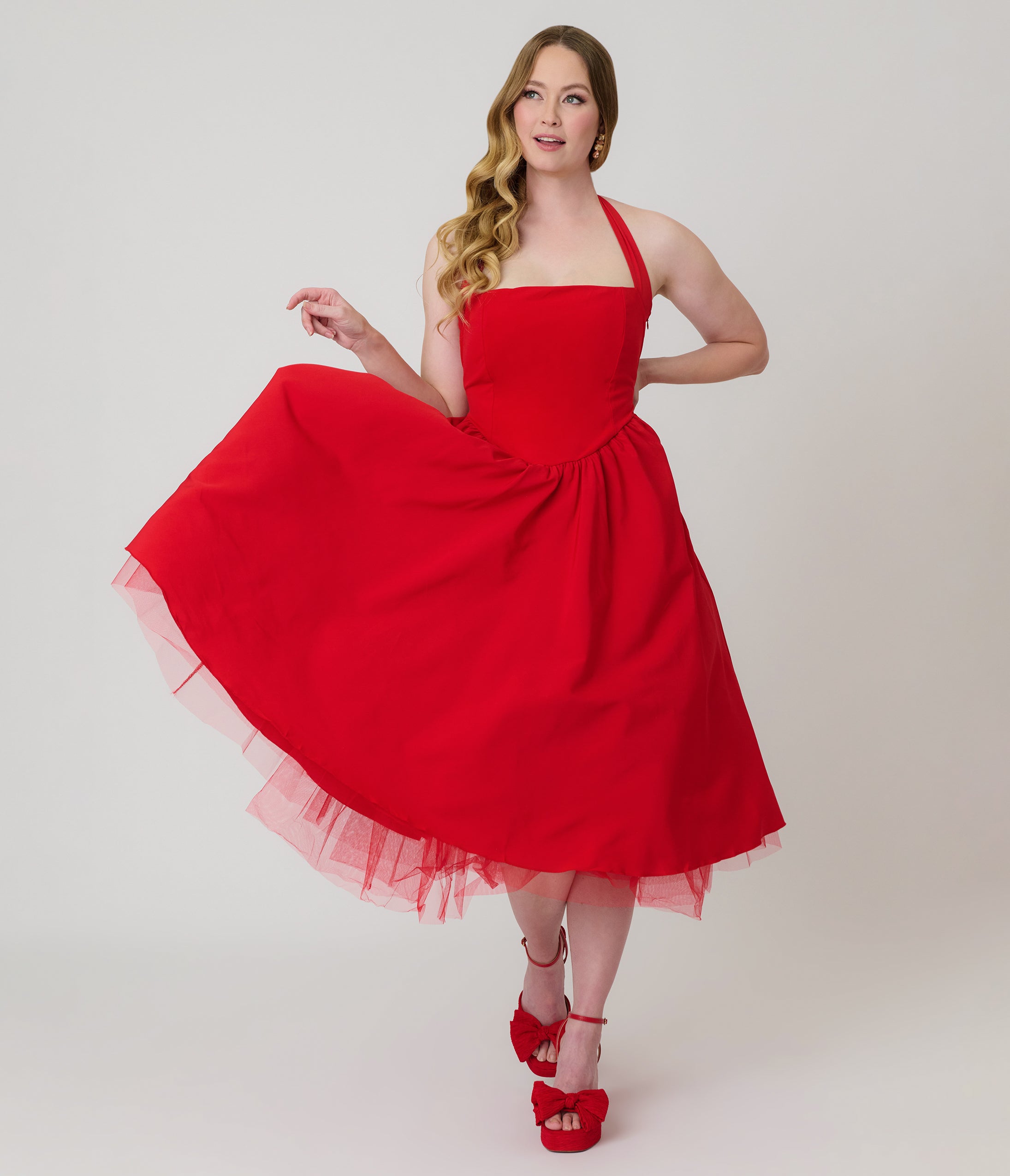 Red Halter Flare Midi Dress – Unique Vintage