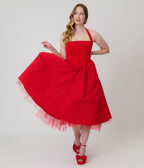 Red Halter Flare Midi Dress