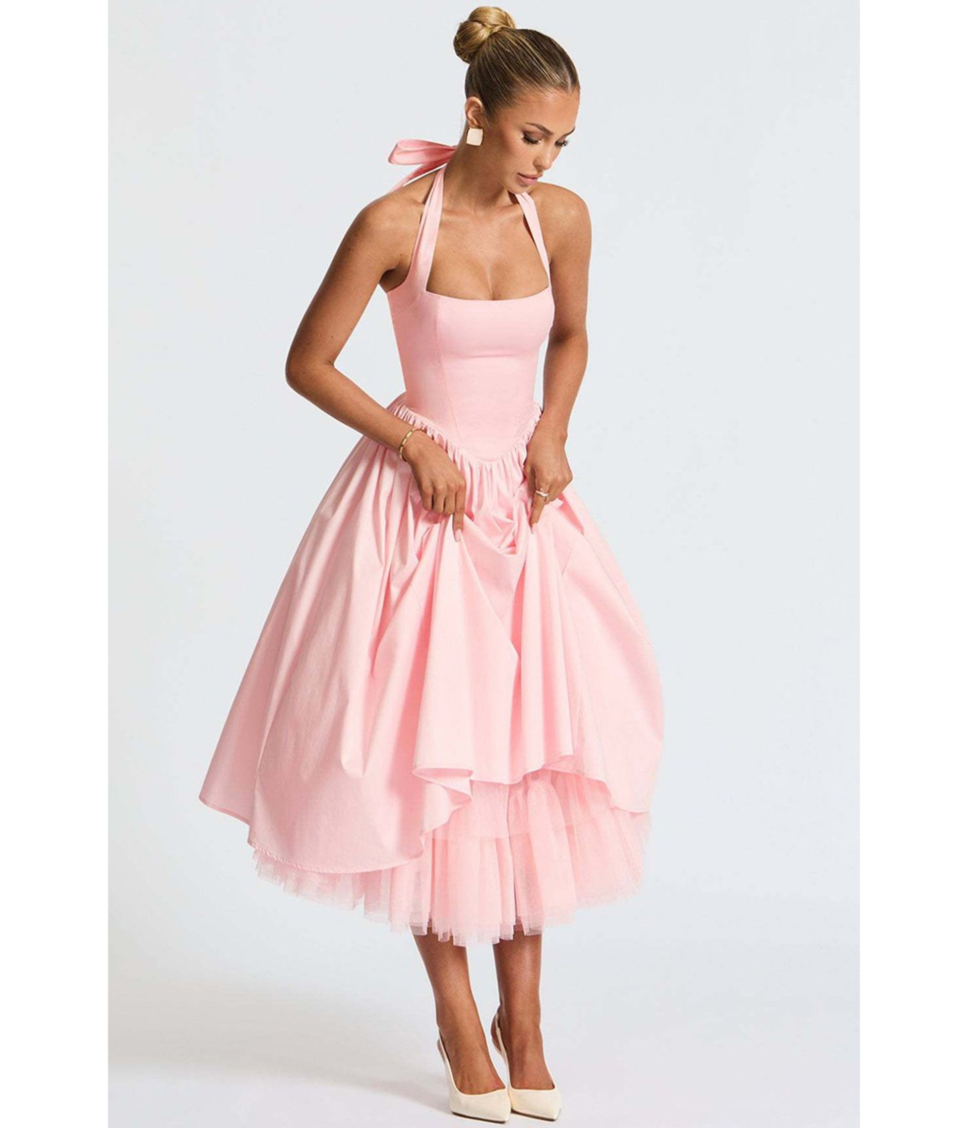 flare cocktail dress Light Pink Halter Midi – Unique Vintage Satin Fit Size:Medium 41