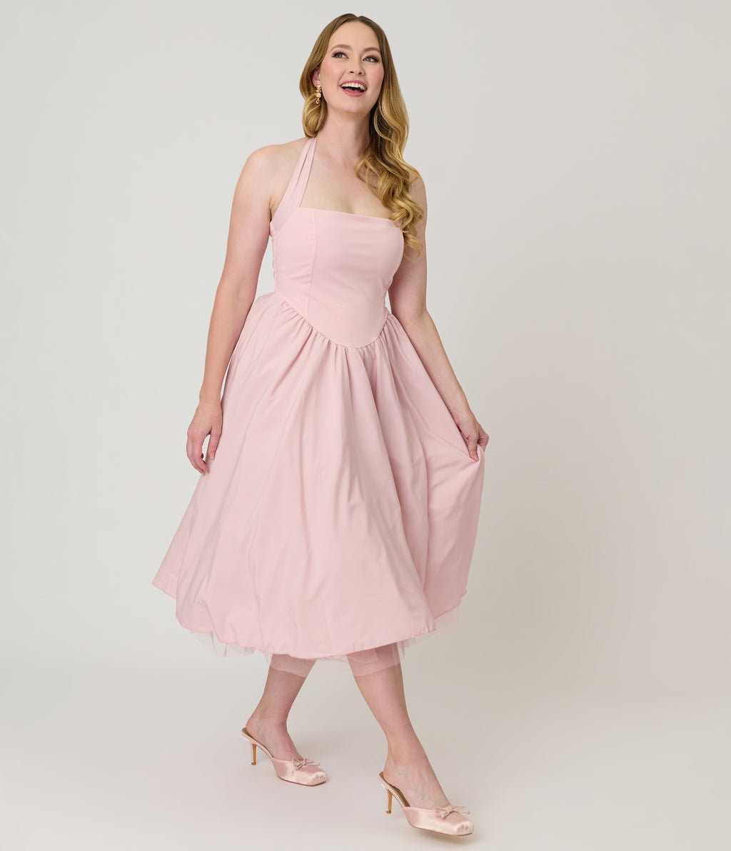 Light Pink Halter Flare Midi Dress - Large - Unique Vintage Light Pink Halter Flare Midi Dress - Large - Unique Vintage
