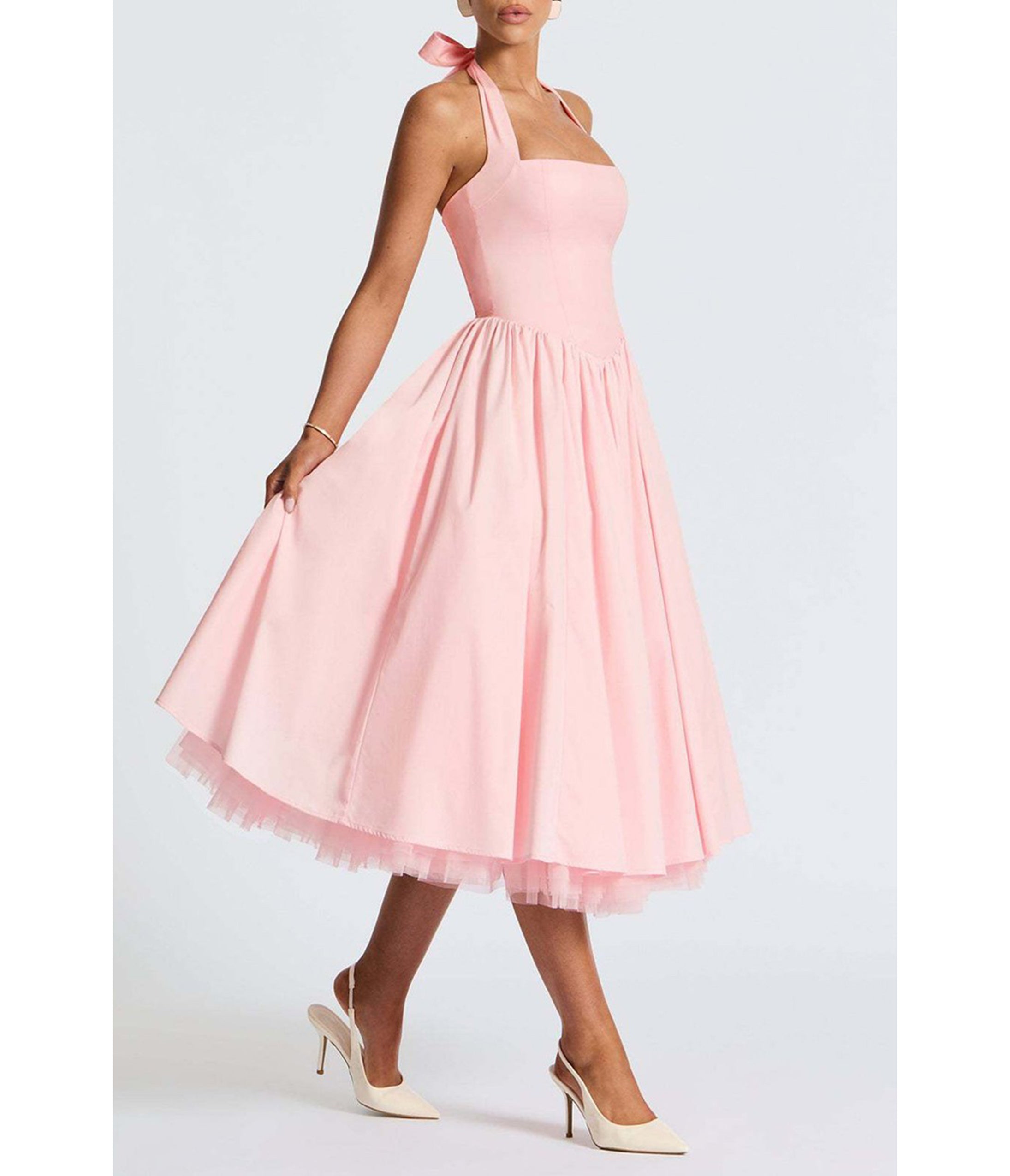 Light Pink Halter Flare Midi Dress - Large - Unique Vintage Light Pink Halter Flare Midi Dress - Large - Unique Vintage