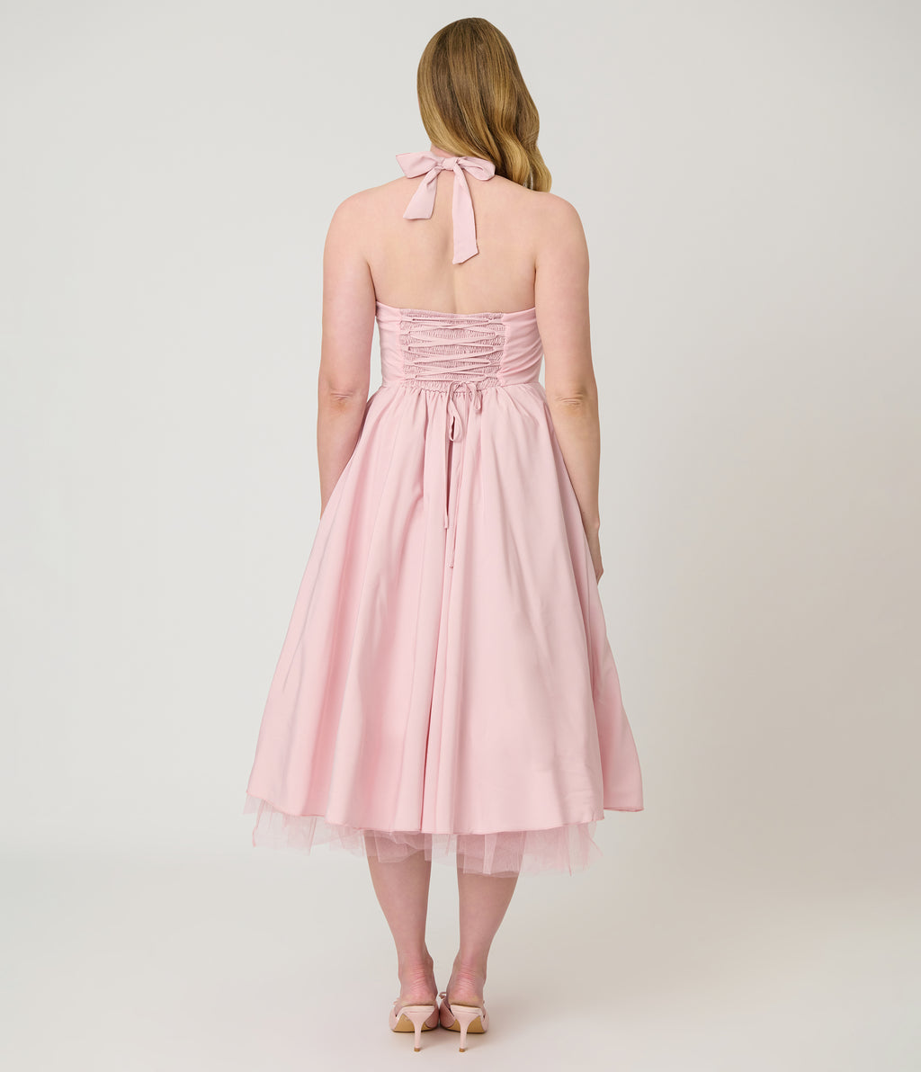 Light Pink Halter Flare Midi Dress - Large - Unique Vintage Light Pink Halter Flare Midi Dress - Large - Unique Vintage