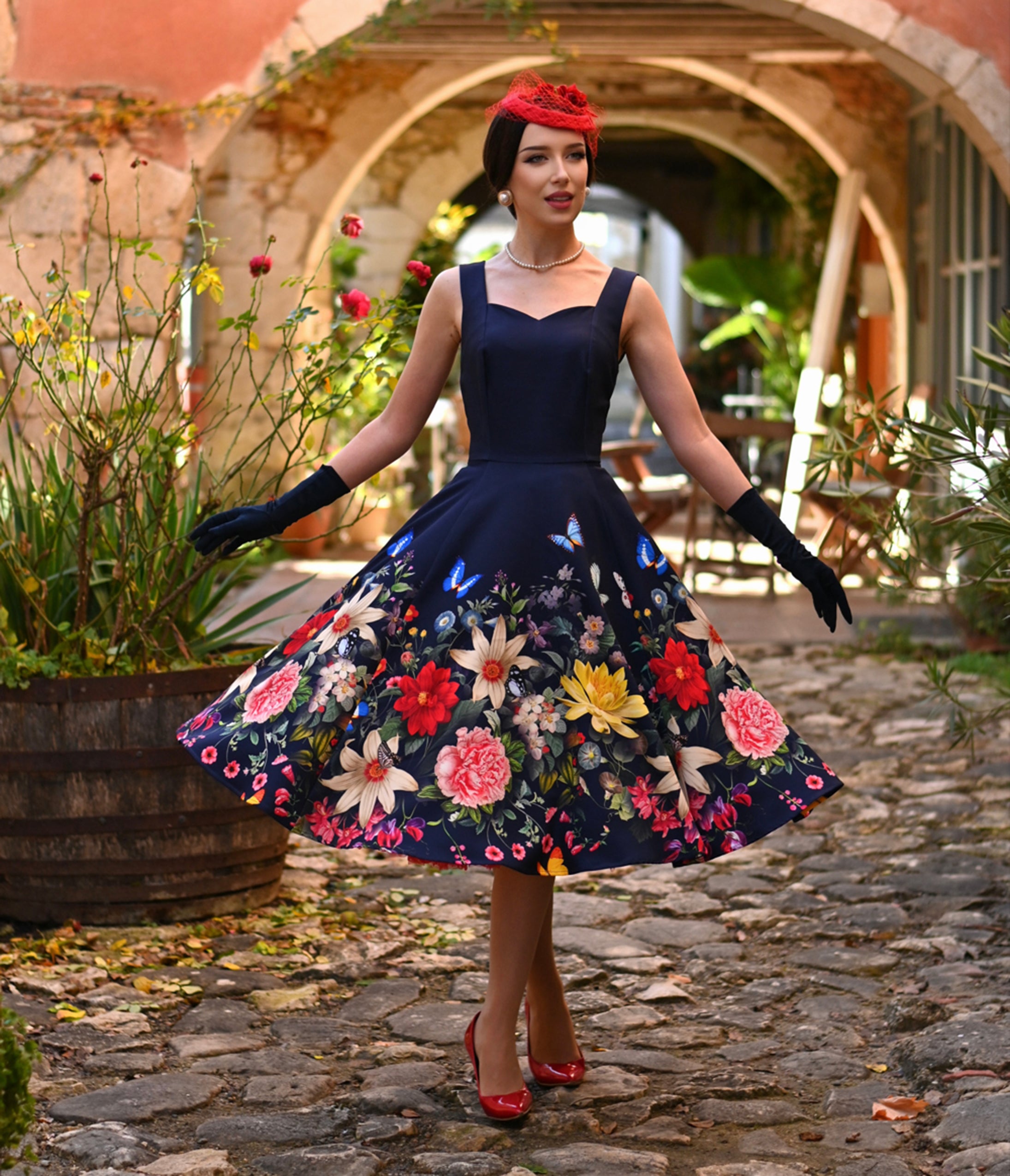 Navy Butterfly & Floral Moonlight Swing Dress