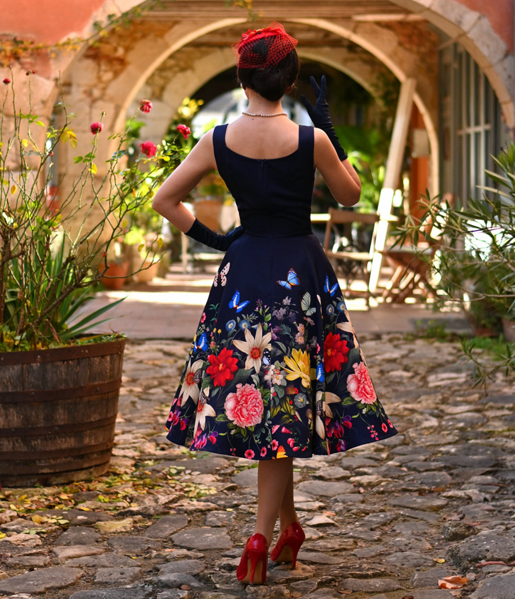 Navy Butterfly & Floral Moonlight Swing Dress