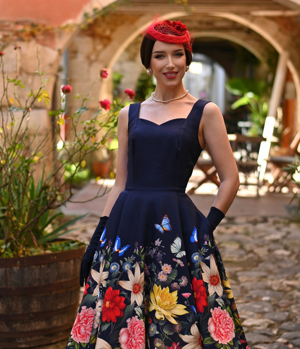 Navy Butterfly & Floral Moonlight Swing Dress