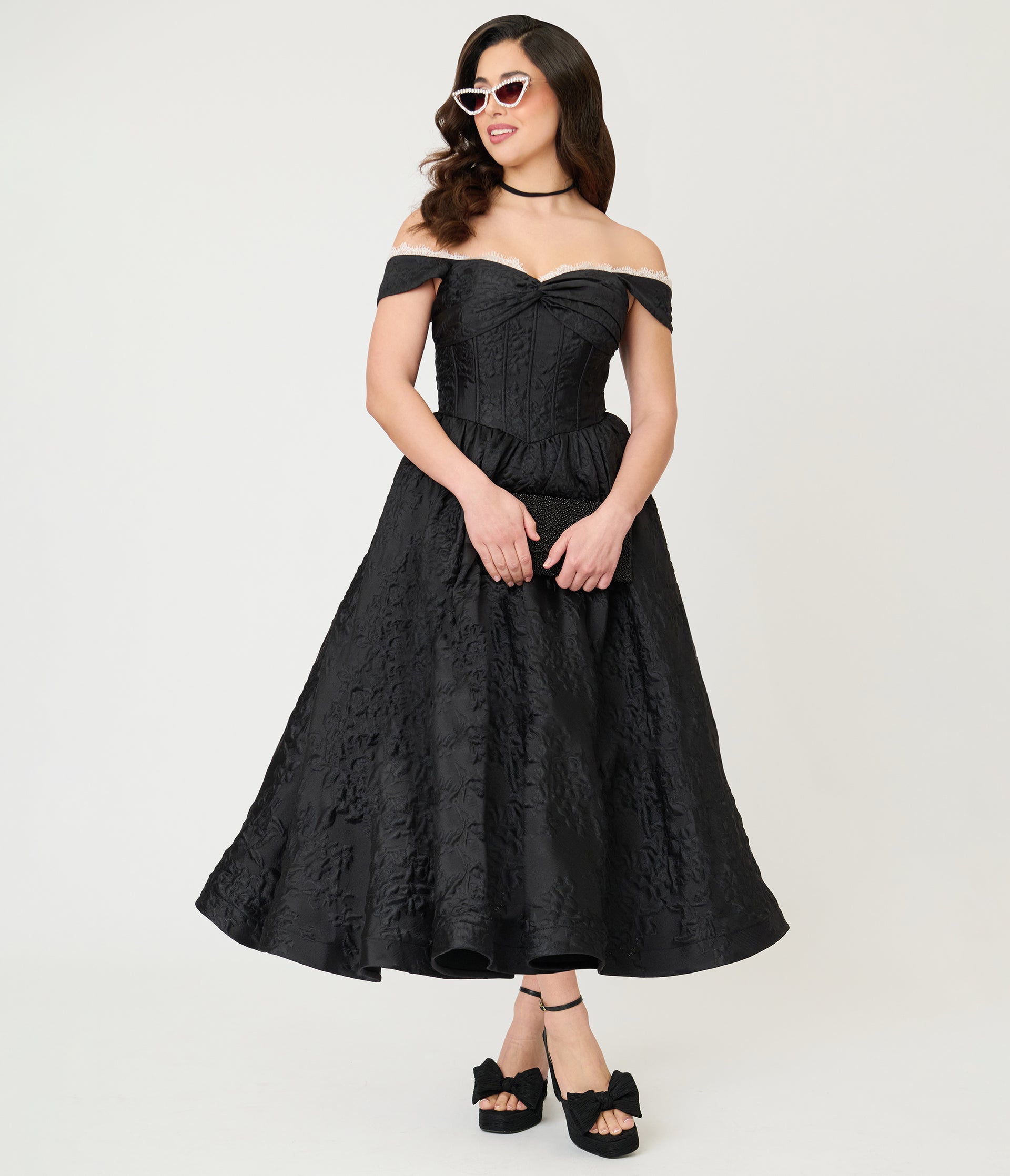Unique Vintage Black Floral Jacquard Off Shoulder Tea Length Gown