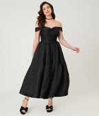 Unique Vintage Black Floral Jacquard Off Shoulder Tea Length Gown