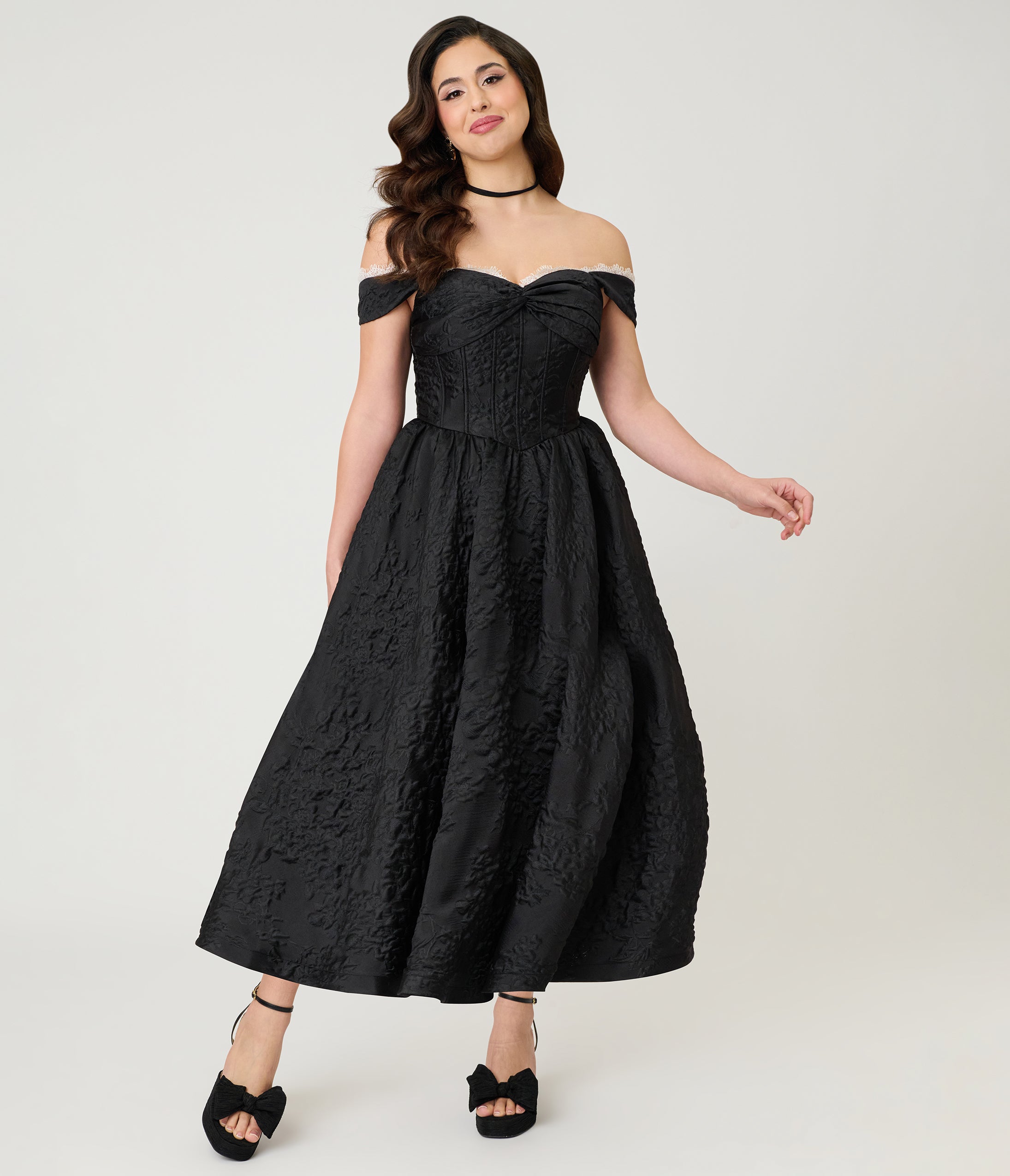 Unique Vintage Black Floral Jacquard Off Shoulder Tea Length Gown