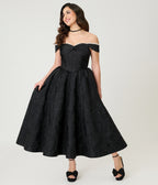 Unique Vintage Black Floral Jacquard Off Shoulder Tea Length Gown