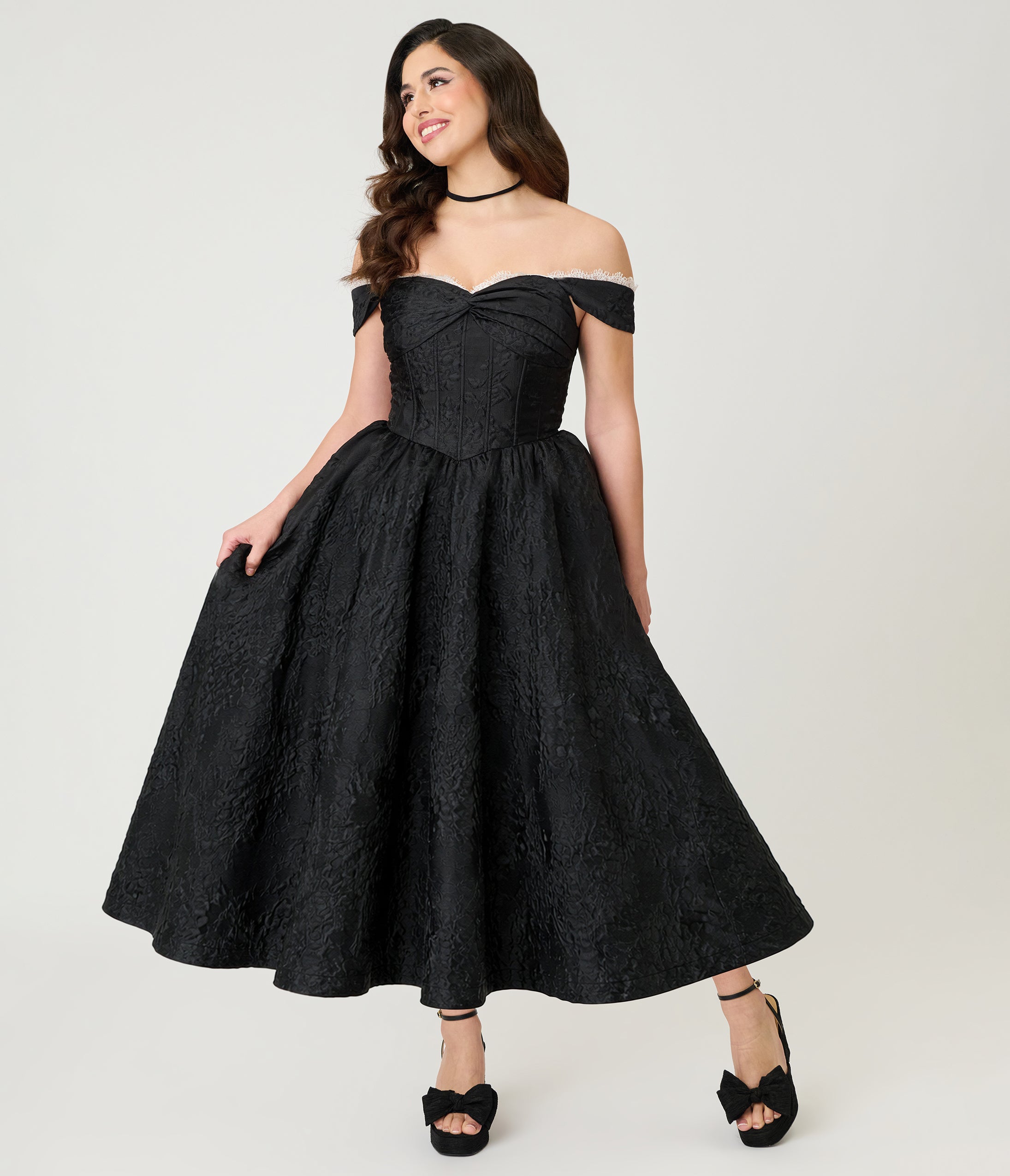 Unique Vintage Black Floral Jacquard Off Shoulder Tea Length Gown