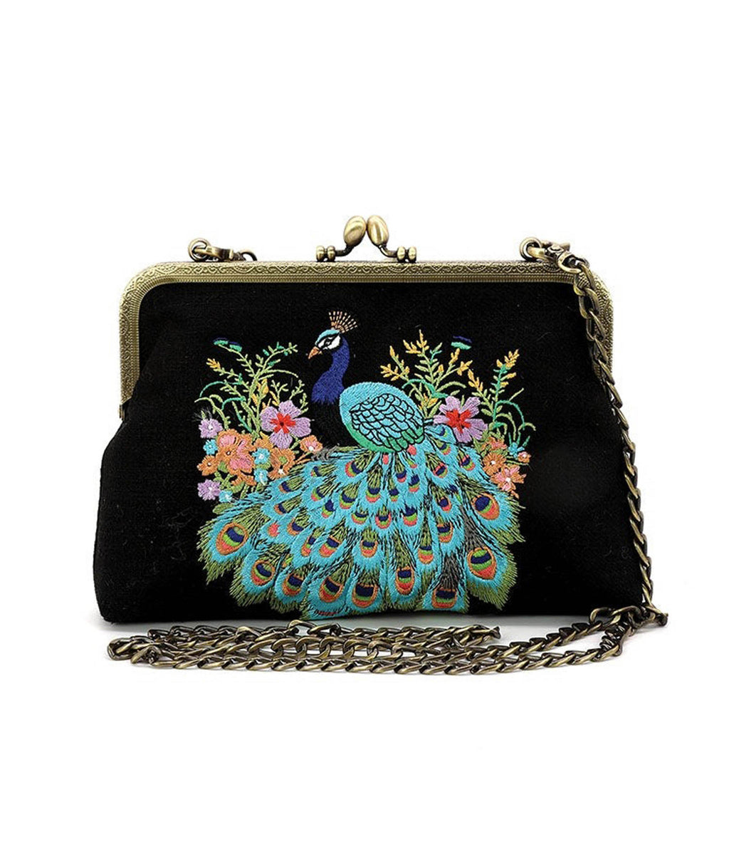 Peacock Kisslock Embroidered Bag