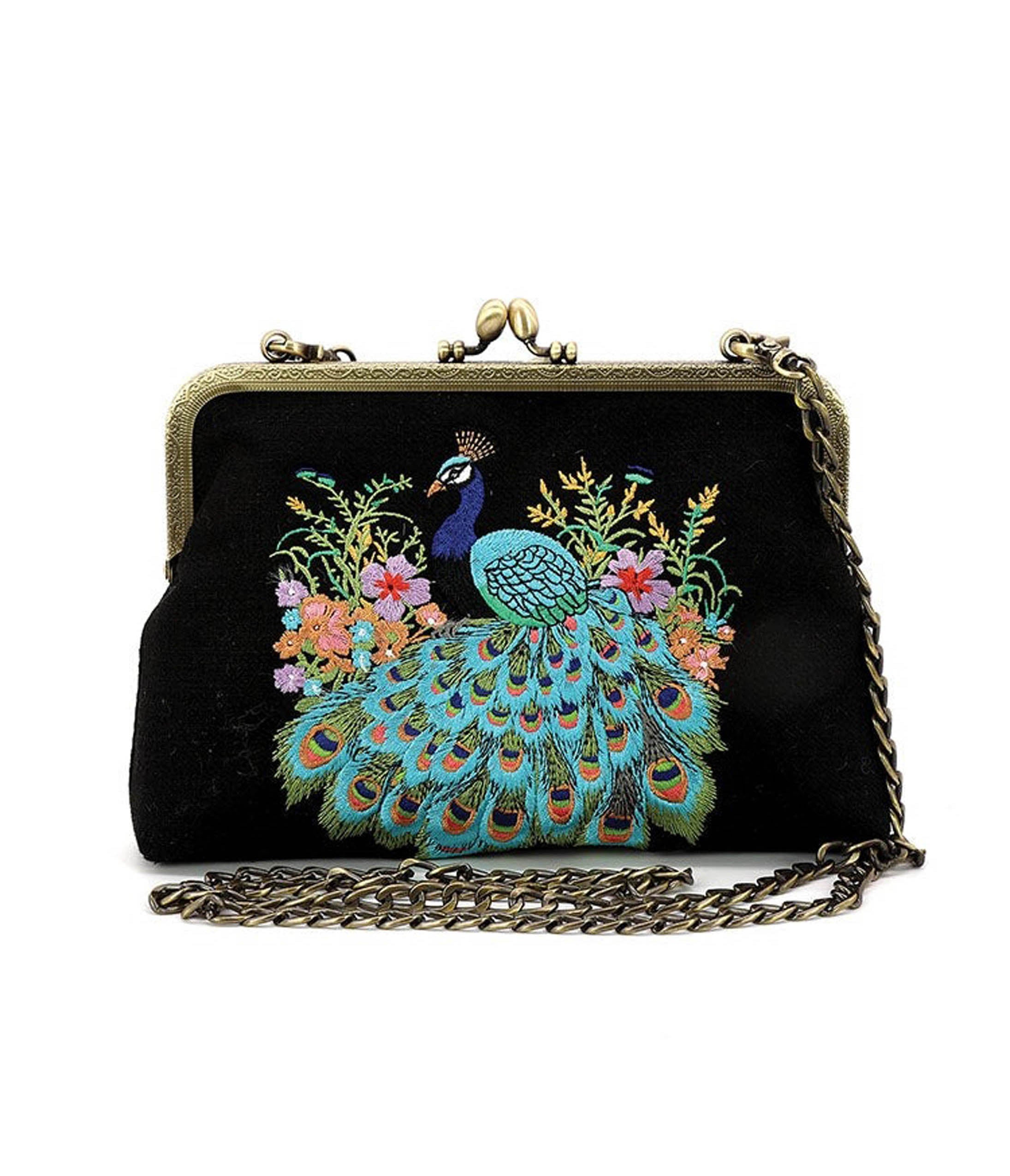 Peacock Kisslock Embroidered Bag