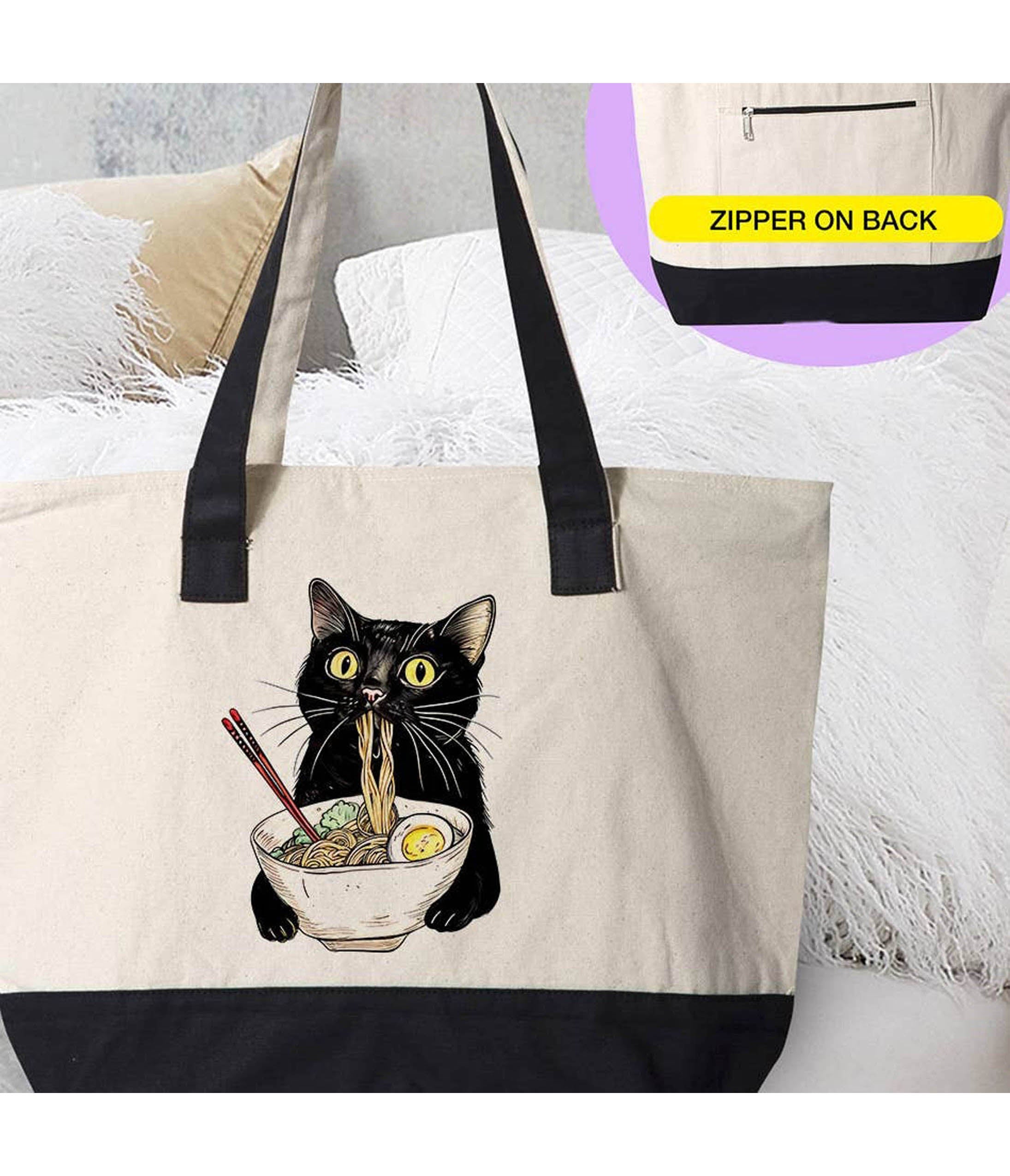 Cat Eating Ramen Canvas Tote Bag