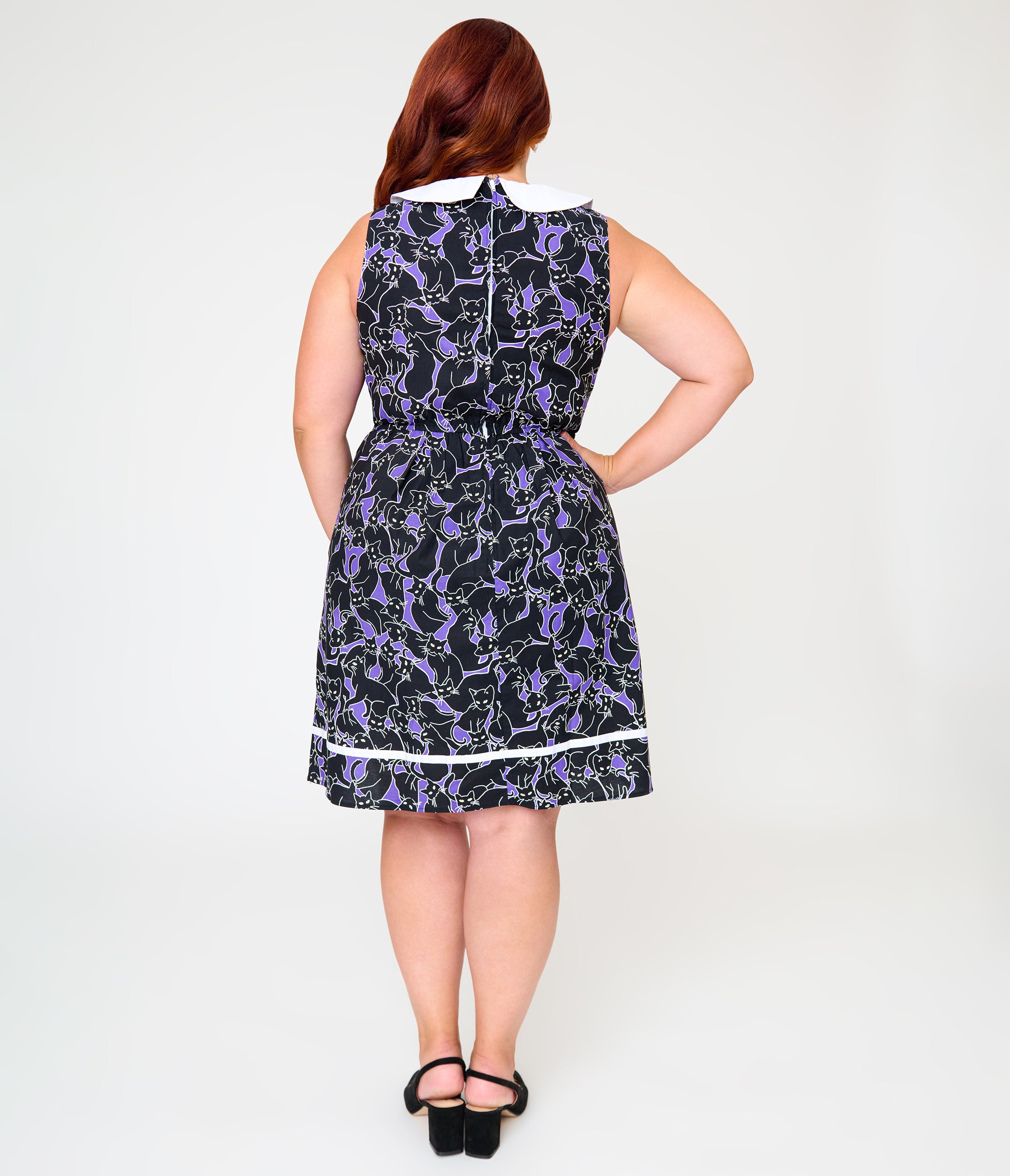 Retrolicious Plus Size Black Glow-in-the-Dark Cat Print Collared Dress