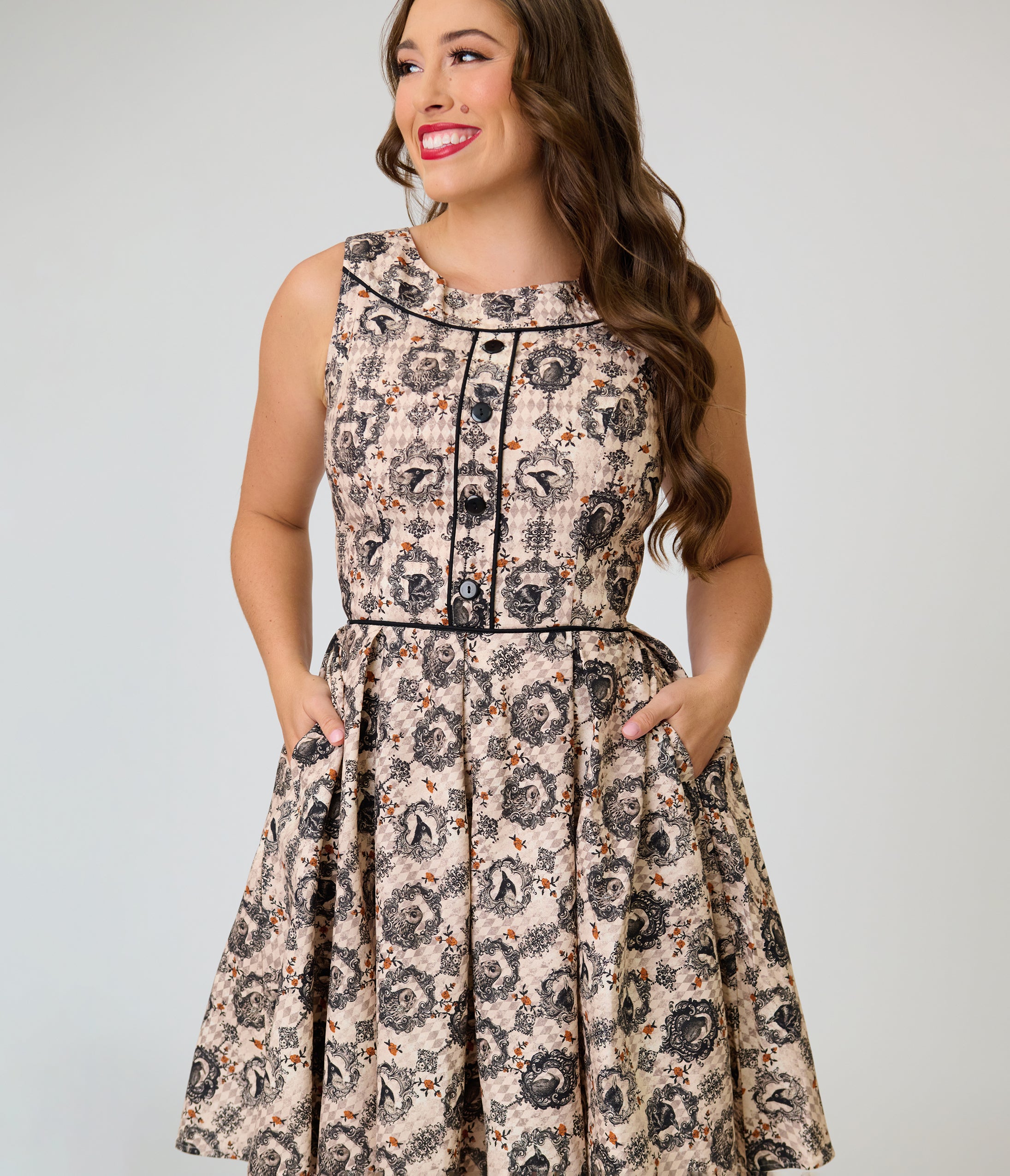 Retrolicious Cream & Bird Print Cotton Elizabeth Dress
