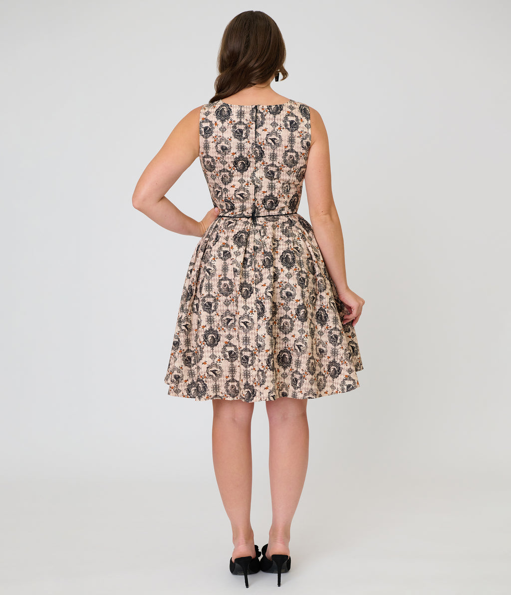 Retrolicious Cream & Bird Print Cotton Elizabeth Dress