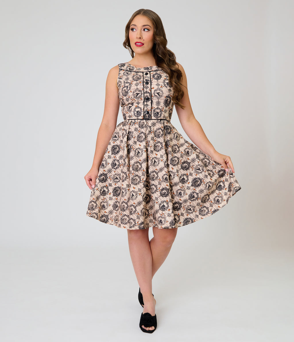 Retrolicious Cream & Bird Print Cotton Elizabeth Dress