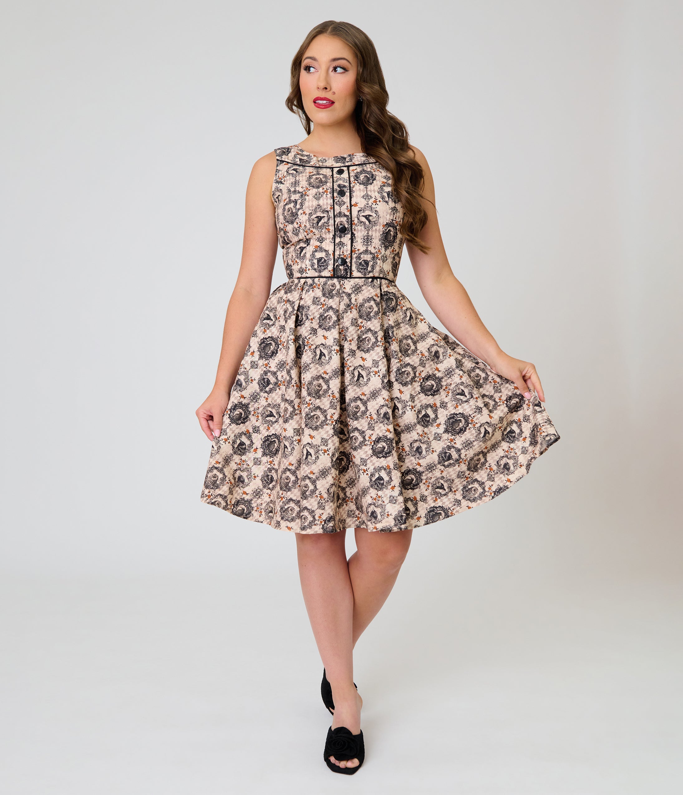 Retrolicious Cream & Bird Print Cotton Elizabeth Dress