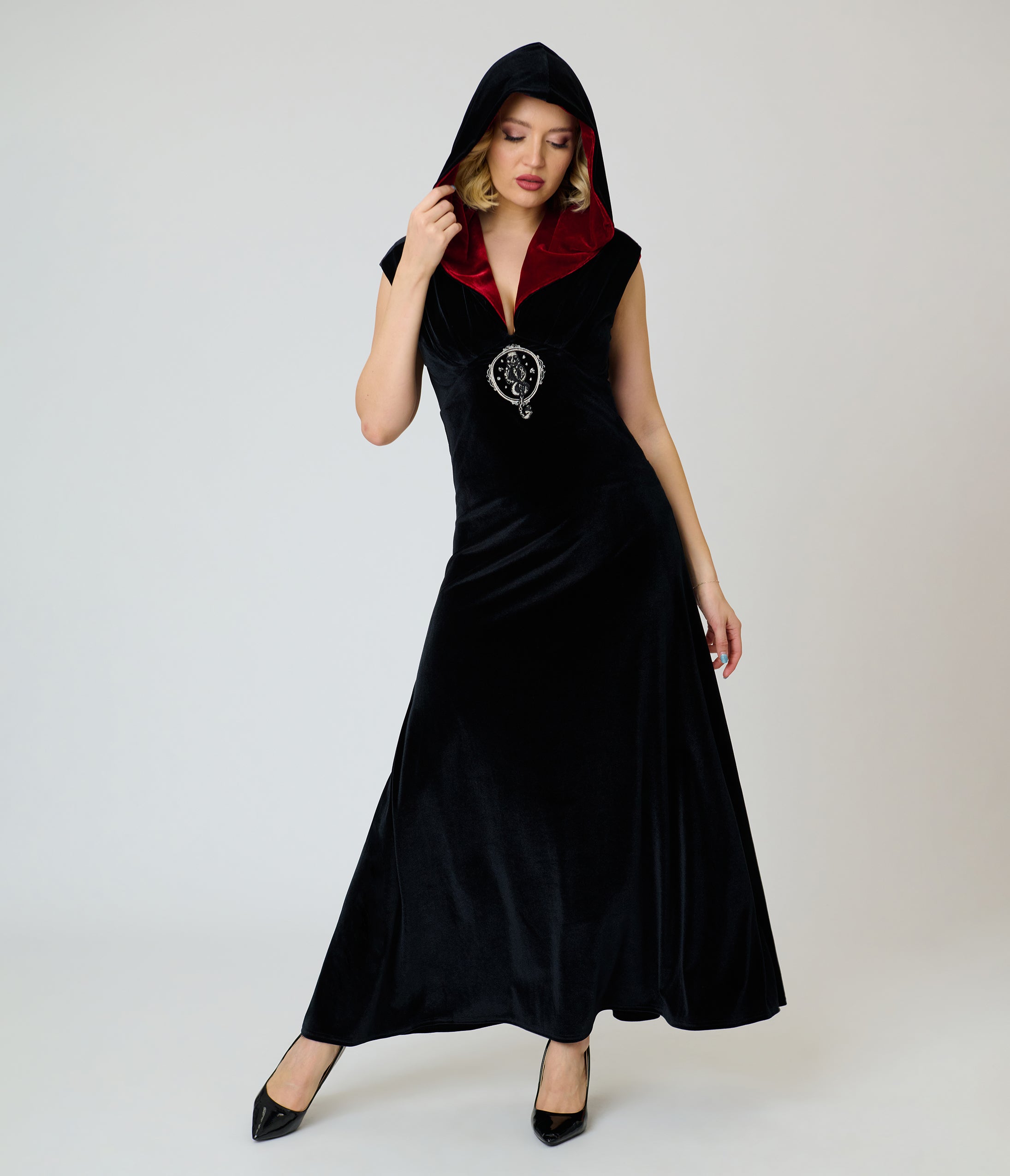Harry Potter x Unique Vintage Black Dark Mark Velvet Hooded Maxi Dress