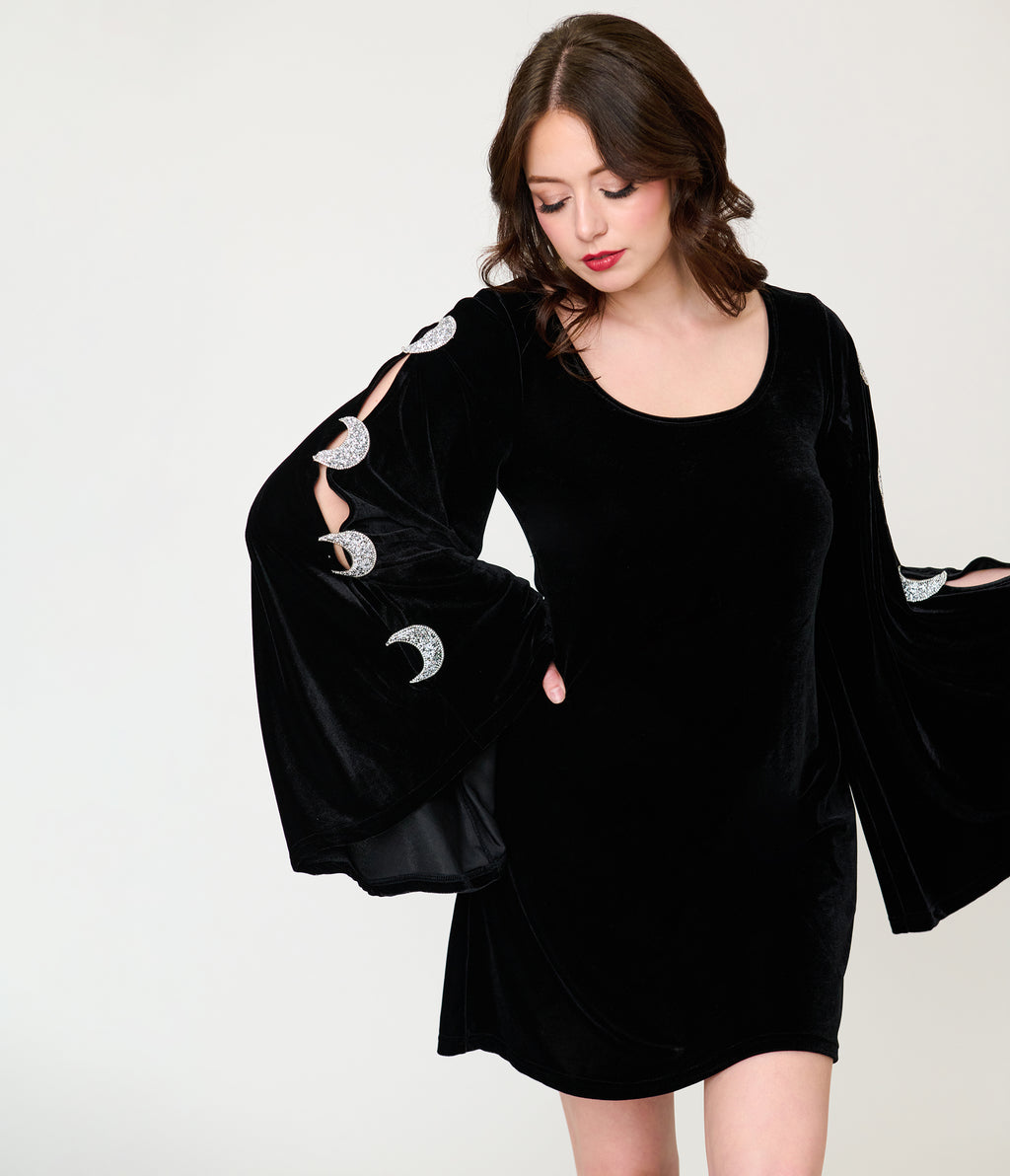 Smak Parlour Black Velvet Moon Cutout Bell Sleeve Mini Dress