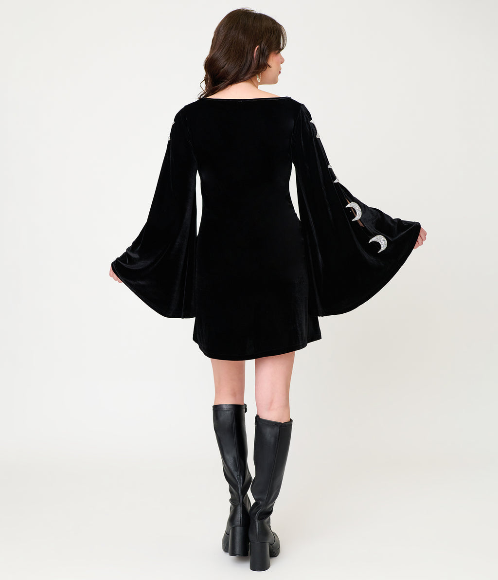 Smak Parlour Black Velvet Moon Cutout Bell Sleeve Mini Dress