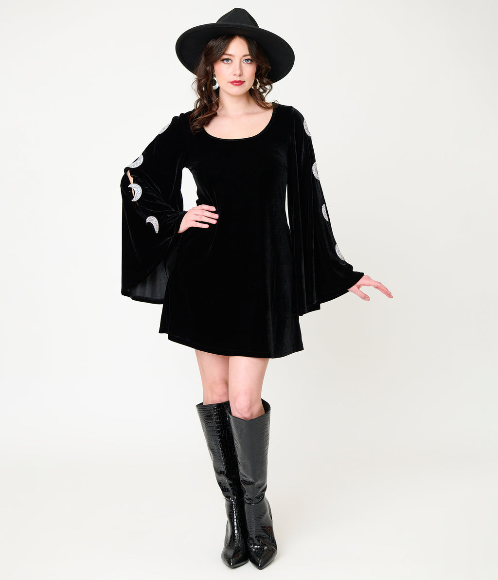 Smak Parlour Black Velvet Moon Cutout Bell Sleeve Mini Dress