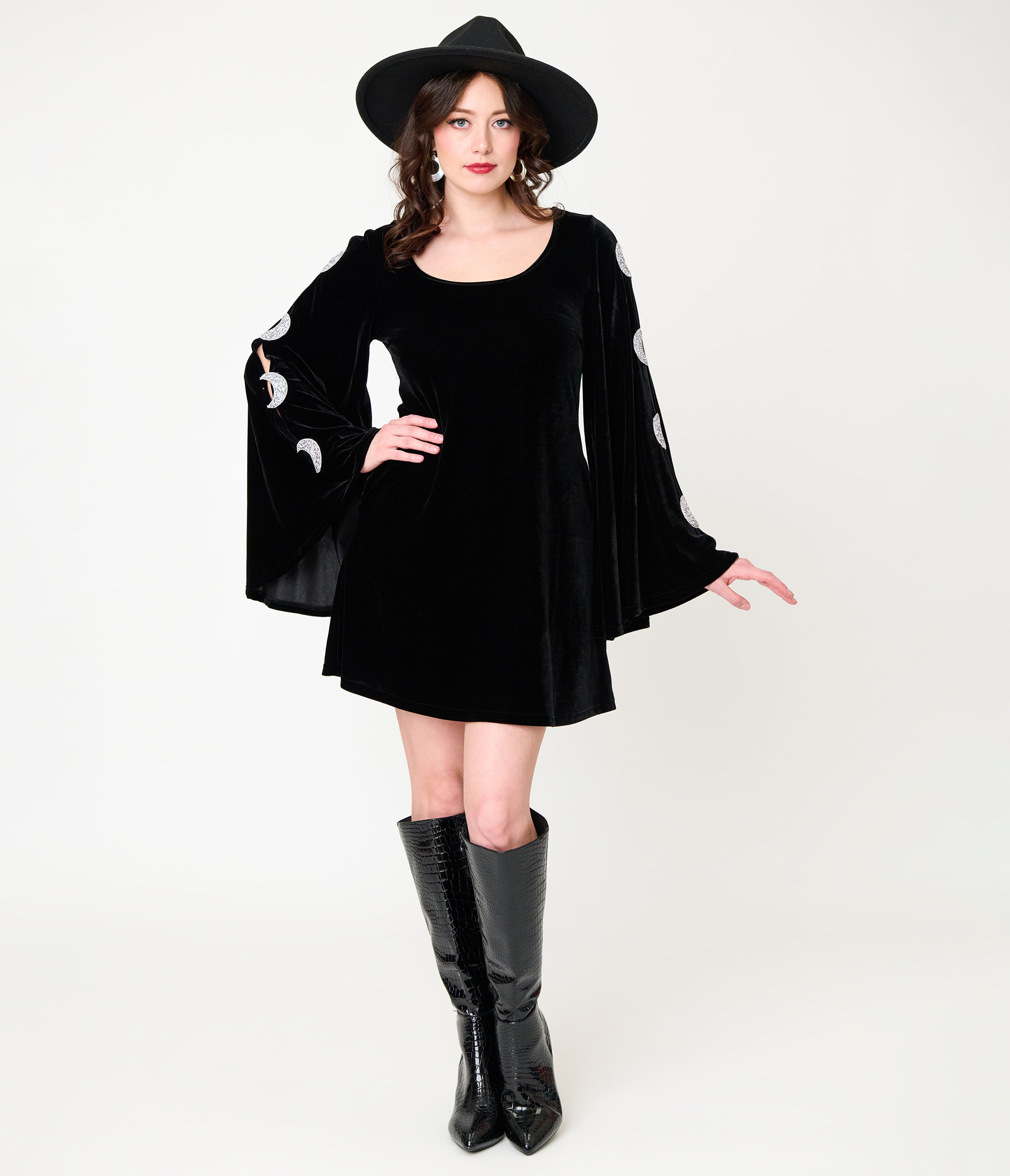 Smak Parlour Black Velvet Moon Cutout Bell Sleeve Mini Dress