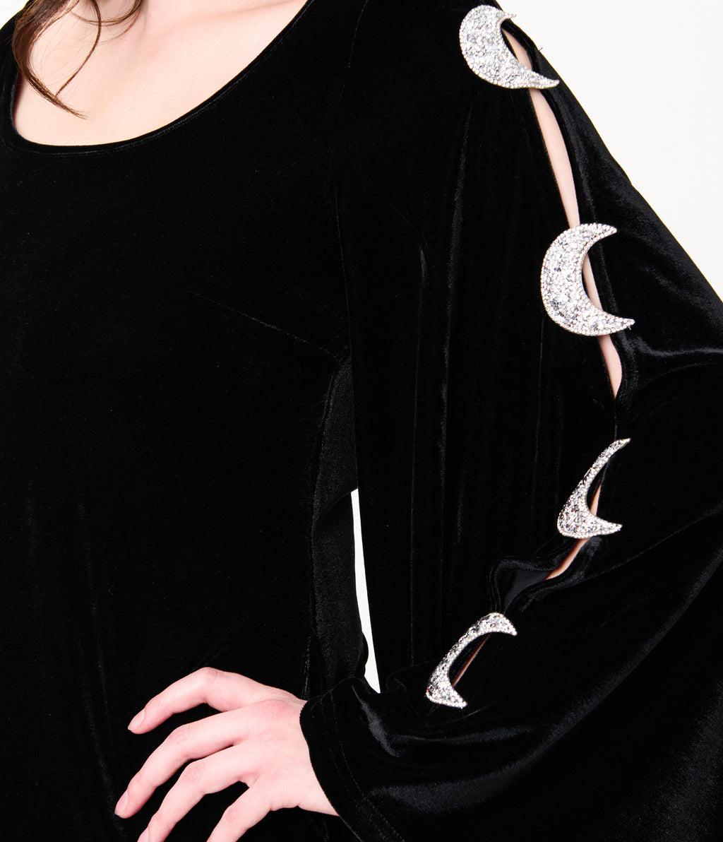 Smak Parlour Black Velvet Moon Cutout Bell Sleeve Mini Dress