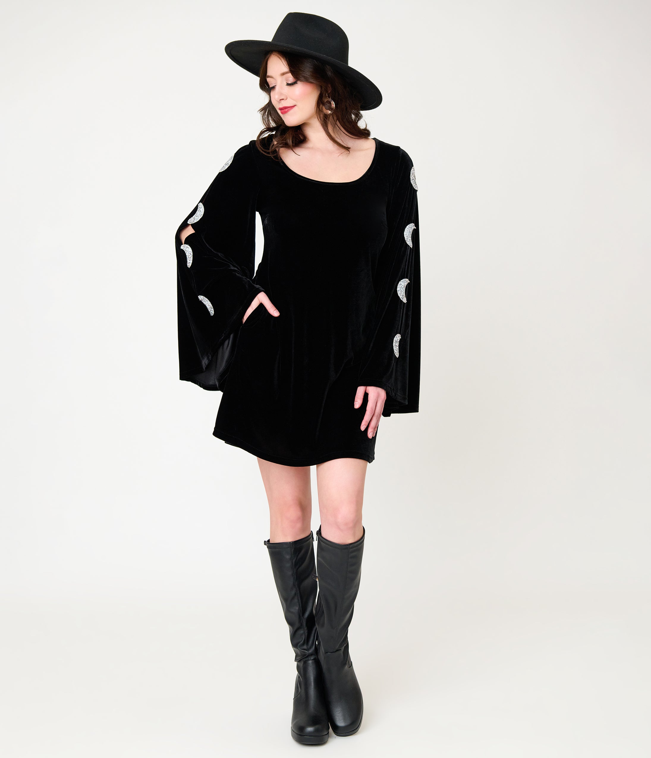 Smak Parlour Black Velvet Moon Cutout Bell Sleeve Mini Dress