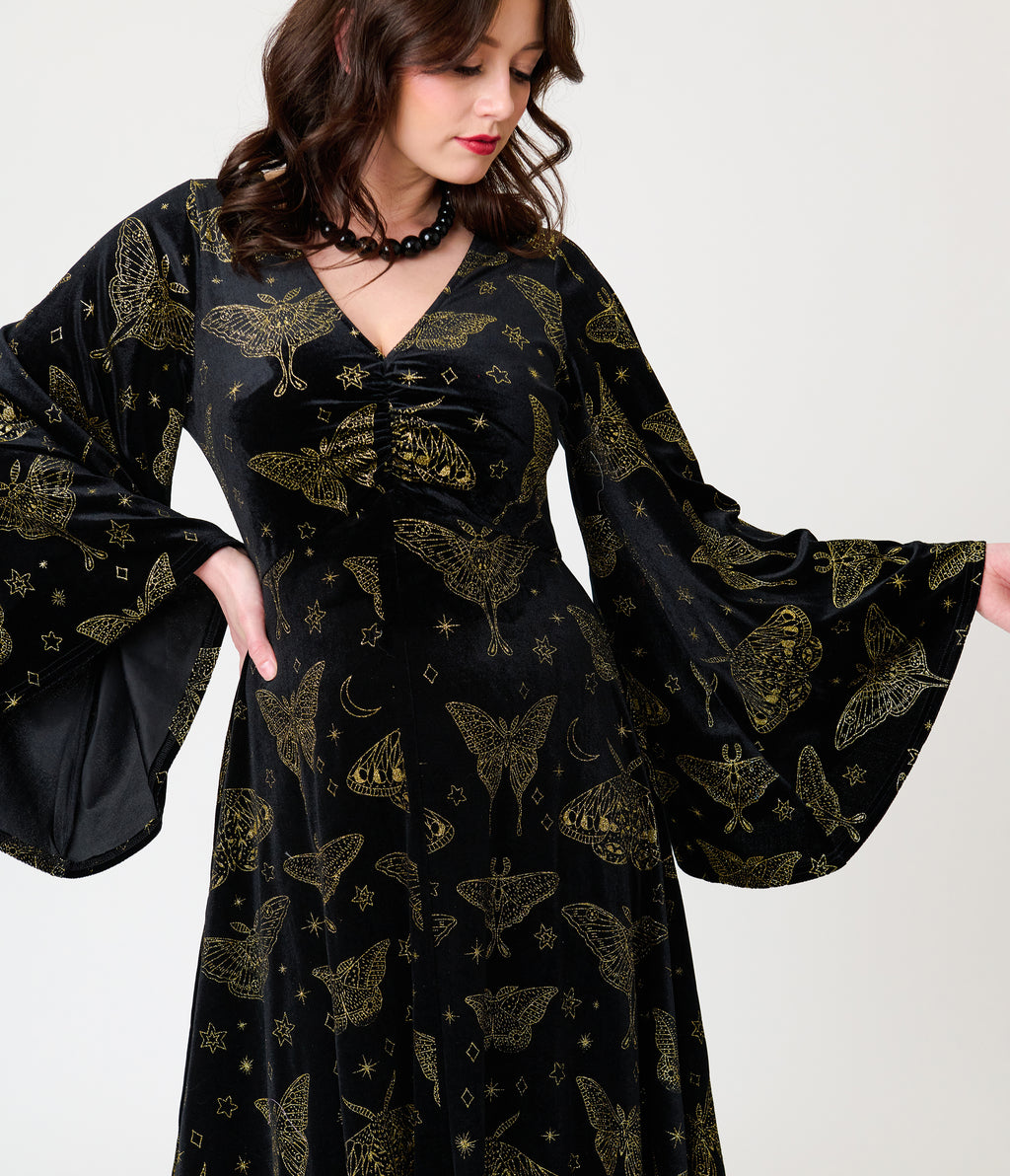 Smak Parlour Black & Gold Moth Print Stevie Maxi Dress