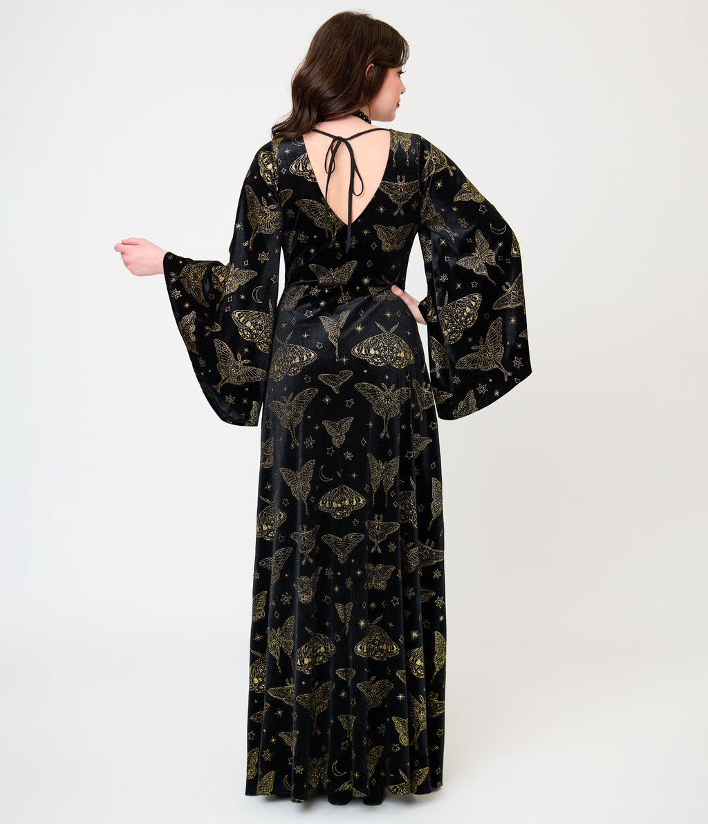 Smak Parlour Black & Gold Moth Print Stevie Maxi Dress